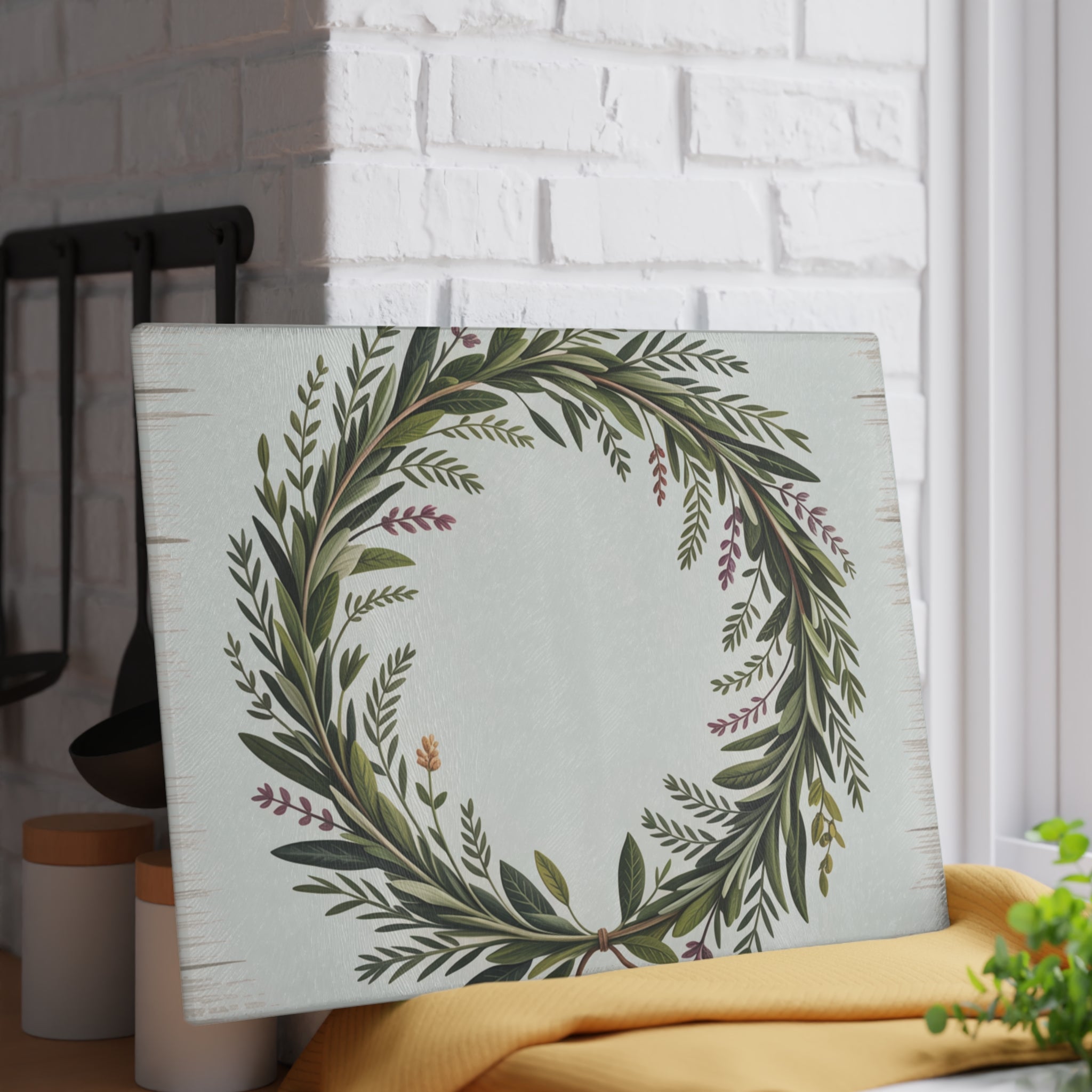 Green Laurel Wreath Glass Cutting Board | Botanical Kitchen Decor