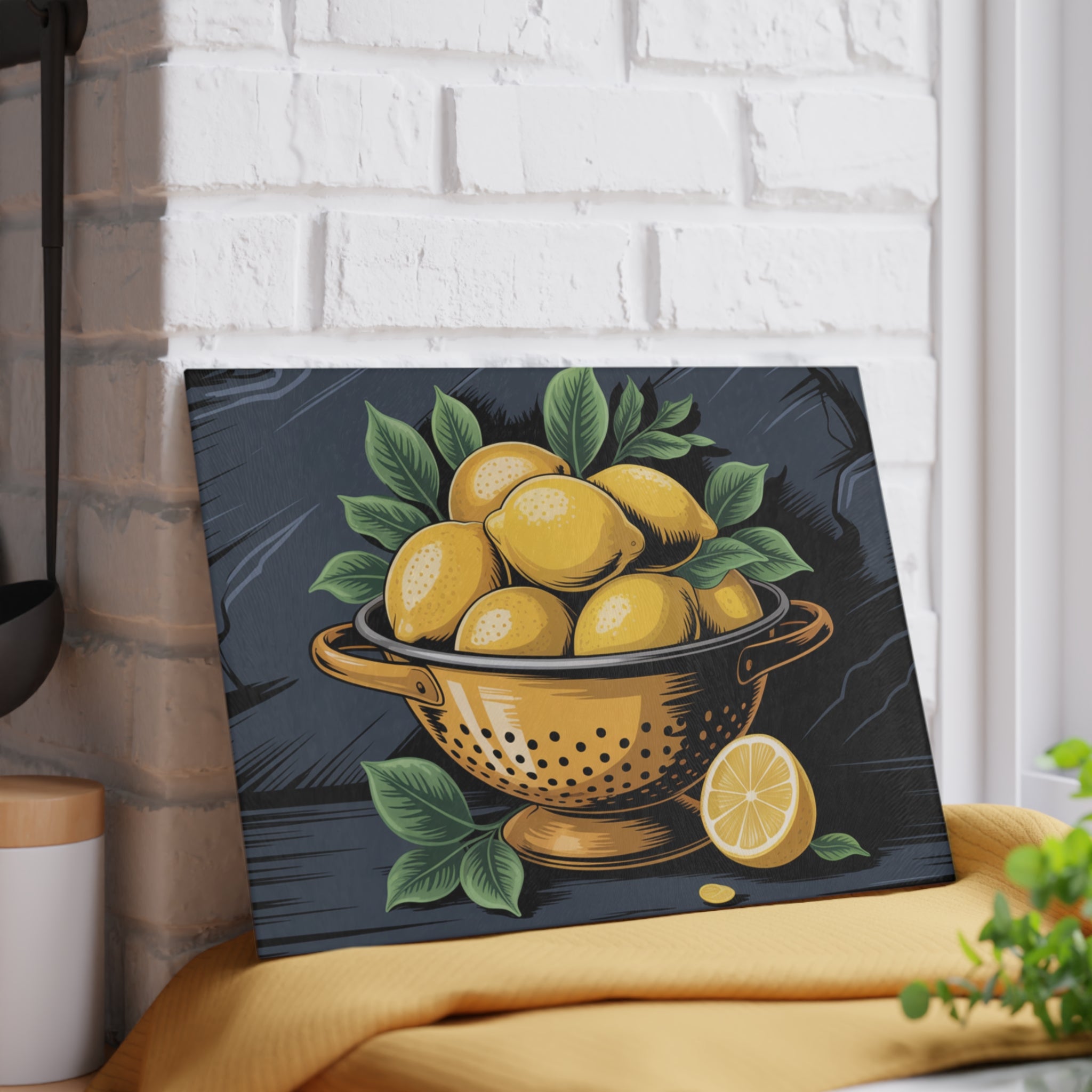 Lemon Colander Illustration Glass Cutting Board | Citrus Kitchen Decor
