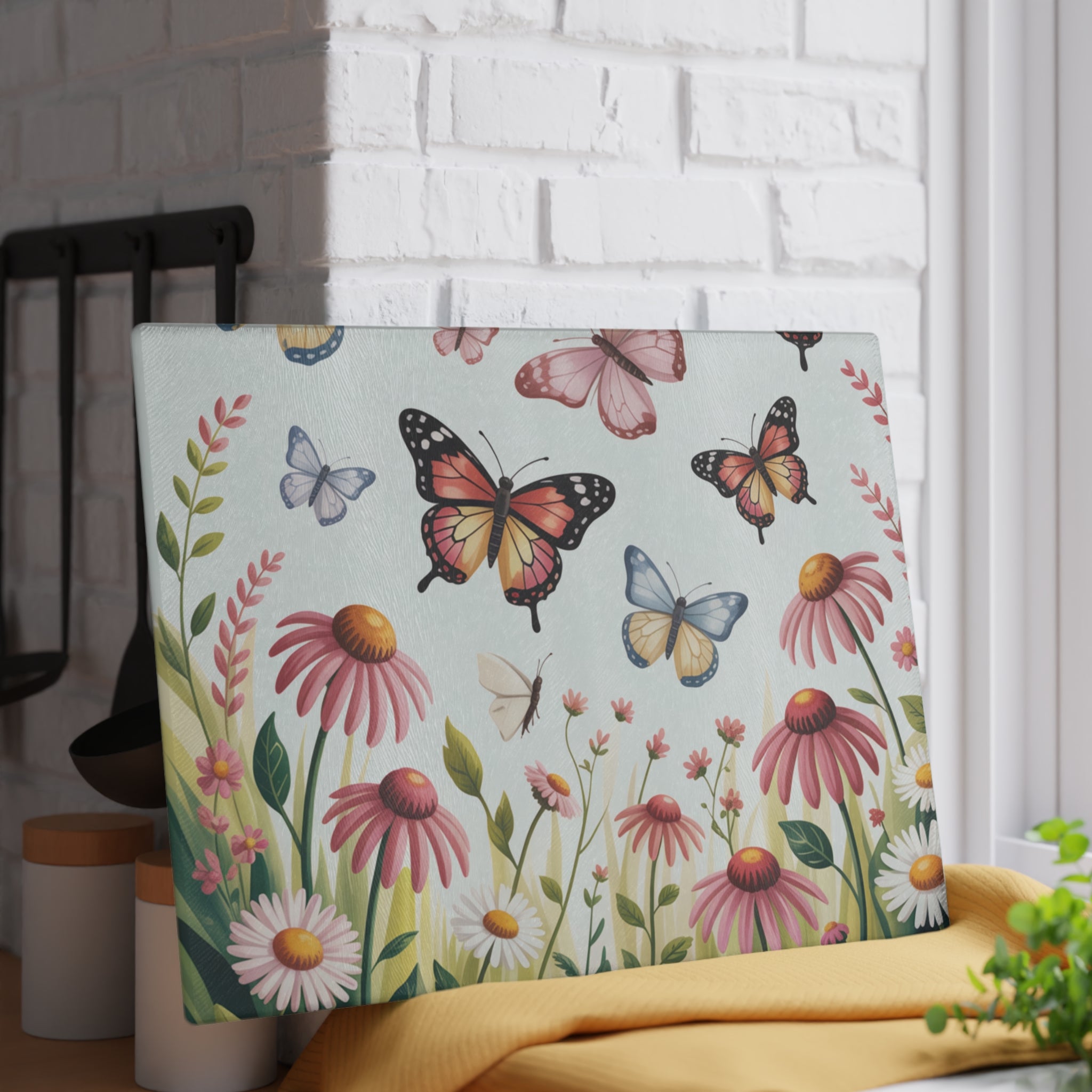 Butterflies and Wildflowers Glass Cutting Board | Floral Kitchen Decor