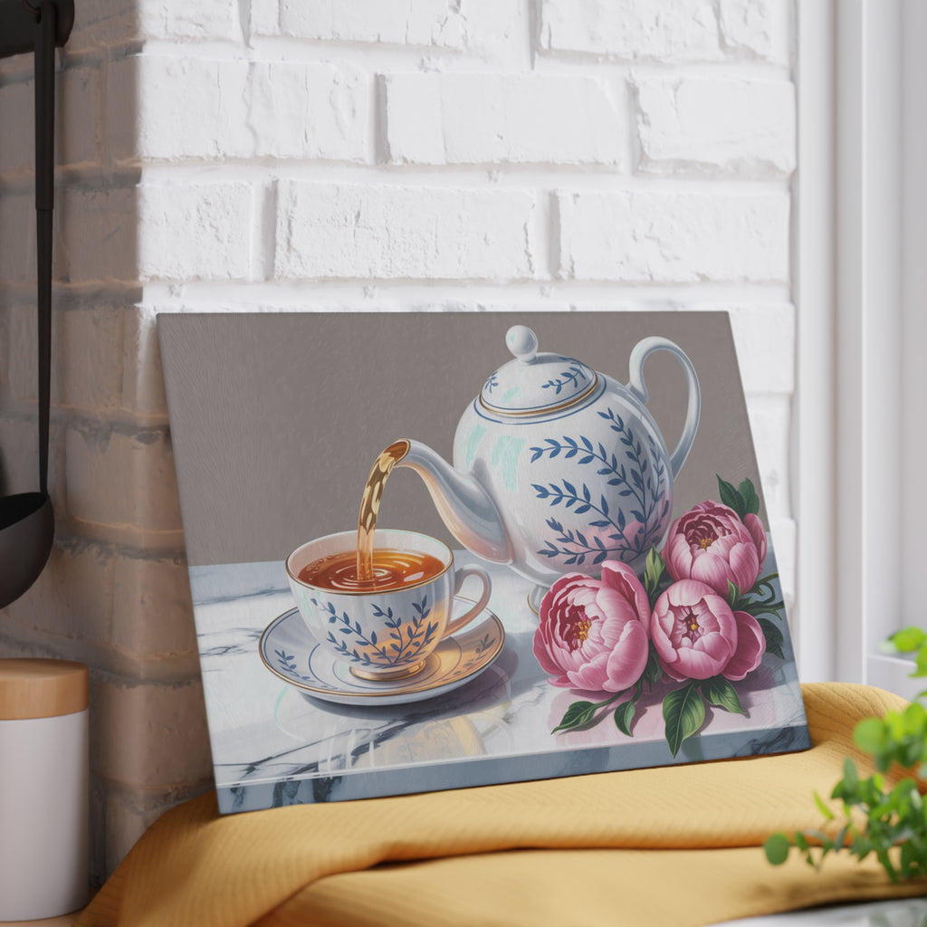 Teapot and Peonies Glass Cutting Board | Floral Tea Still Life