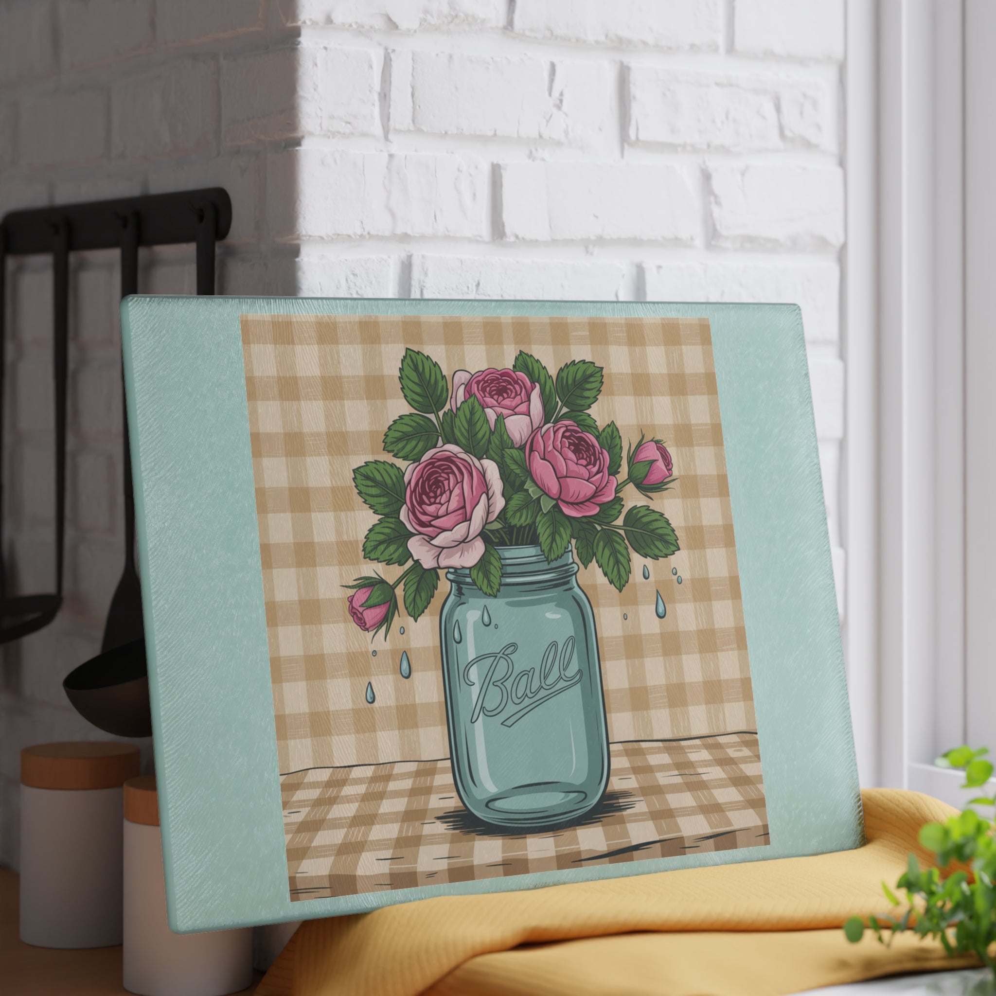 Mason Jar Roses Glass Cutting Board | Floral Kitchen Decor