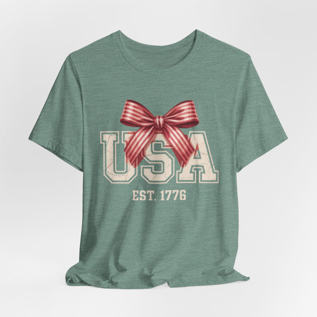 USA EST 1776 bow Fourth of July graphic Tee | Patriotic Fourth of July shirt