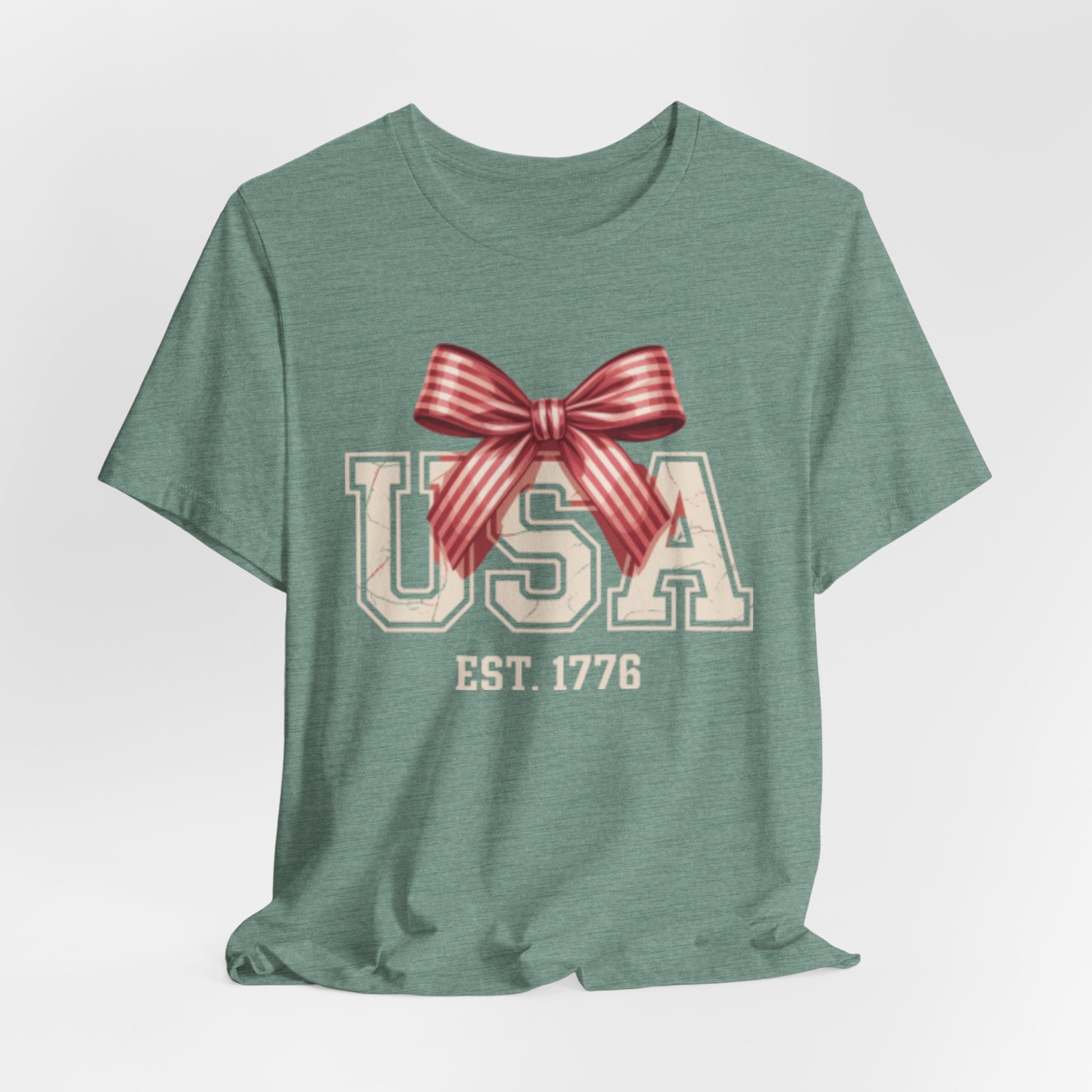 USA EST 1776 bow Fourth of July graphic Tee | Patriotic Fourth of July shirt