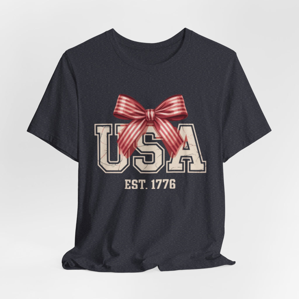 USA EST 1776 bow Fourth of July graphic Tee | Patriotic Fourth of July shirt