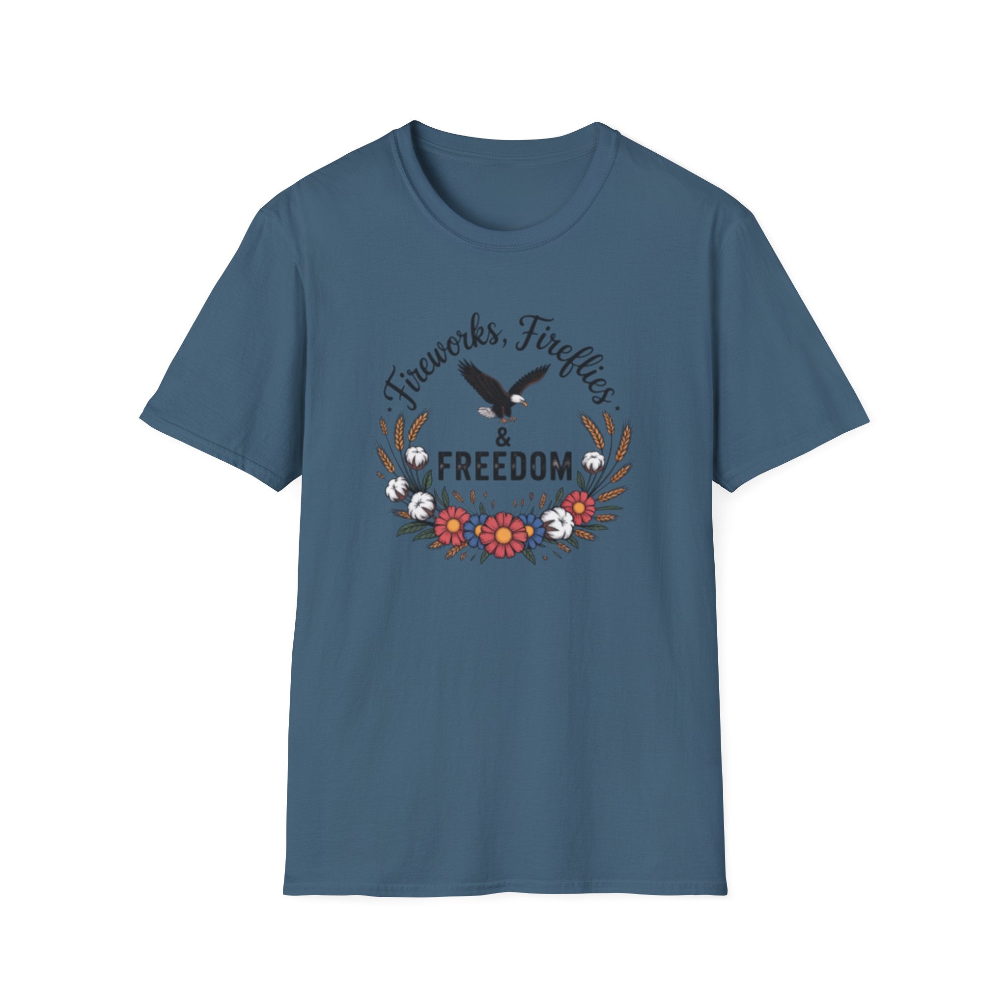 Fireworks Fireflies Freedom T-Shirt | Eagle Floral Wreath