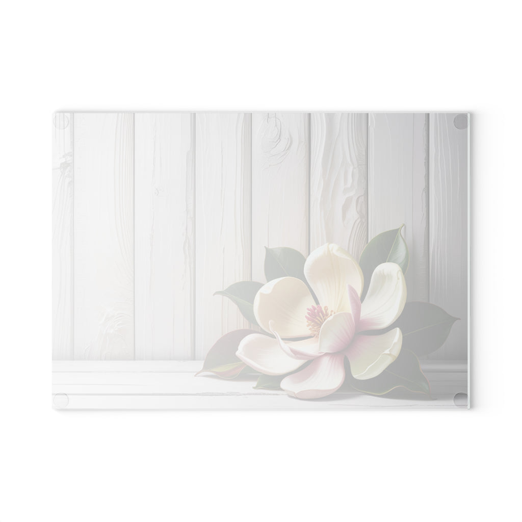 Magnolia Floral Glass Cutting Board | White Wood Plank Background