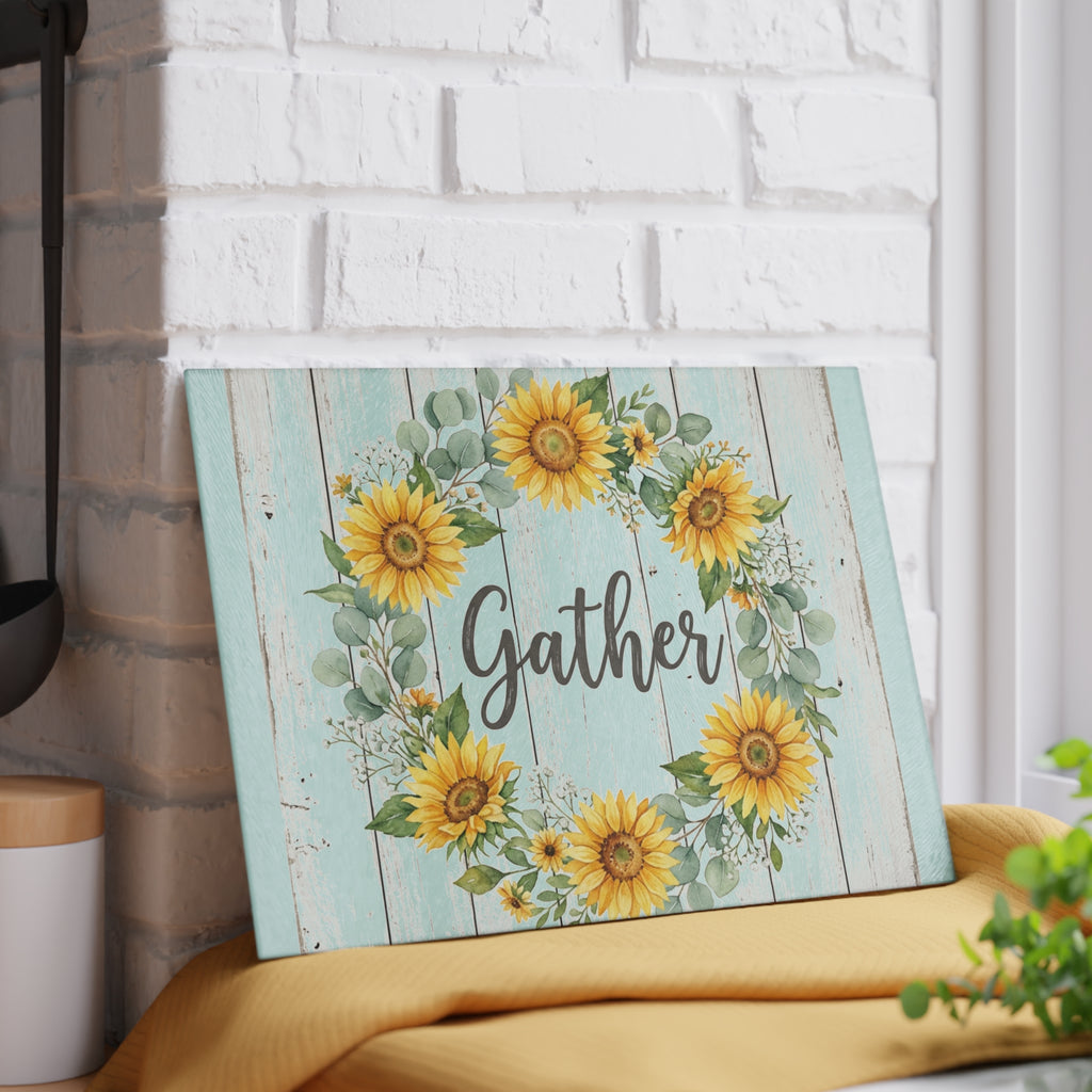 Sunflower Wreath Gather Glass Cutting Board | Farmhouse Kitchen Decor
