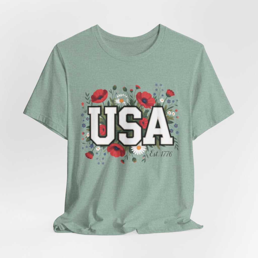 USA Floral Fourth of July Graphic Tee | Patriotic Poppy Design