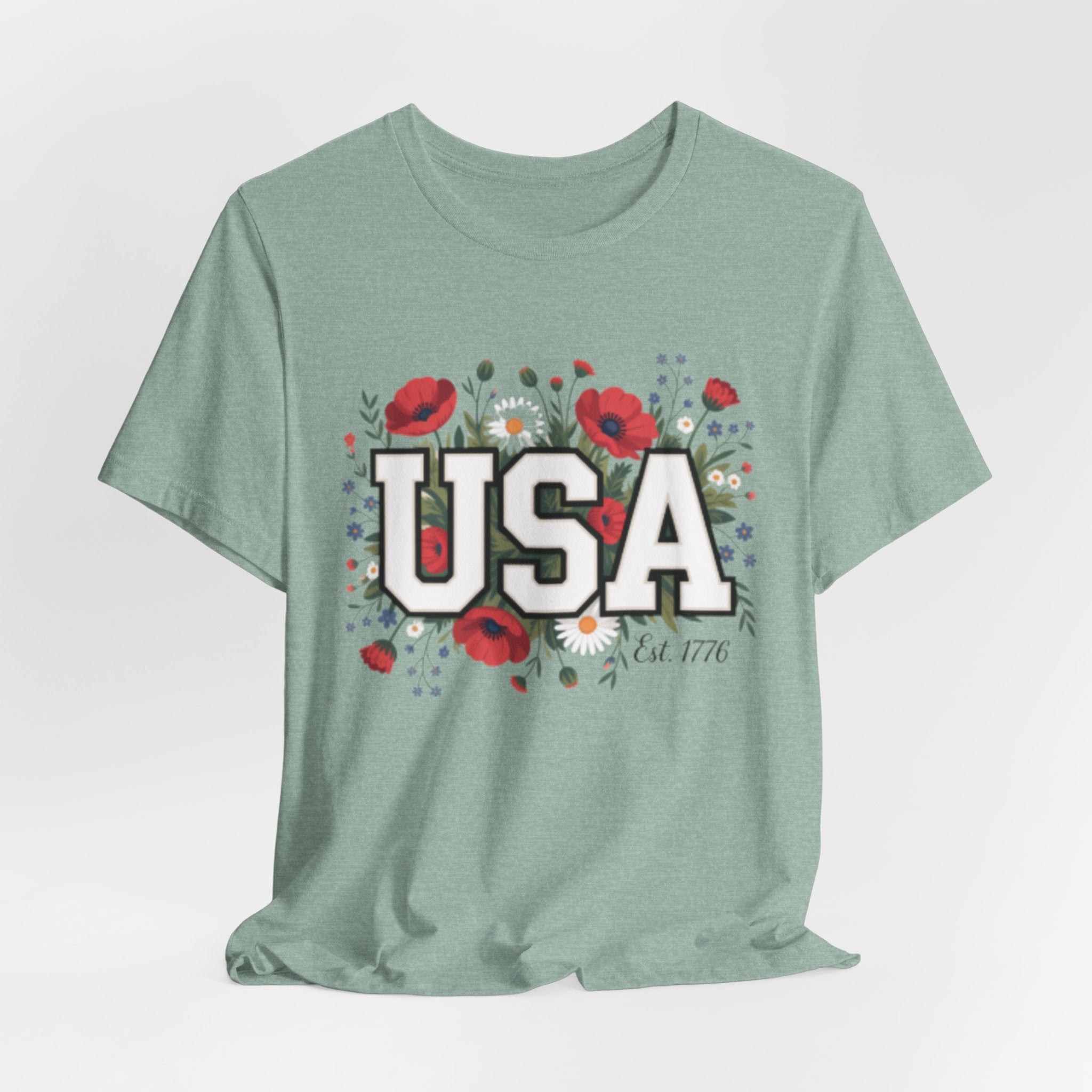 USA Floral Fourth of July Graphic Tee | Patriotic Poppy Design