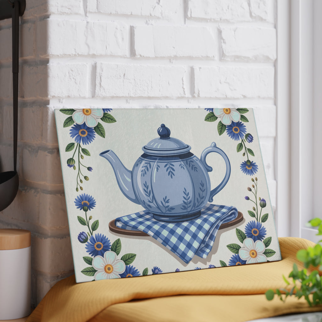 Blue Teapot Floral Pattern Glass Cutting Board | Kitchen Décor