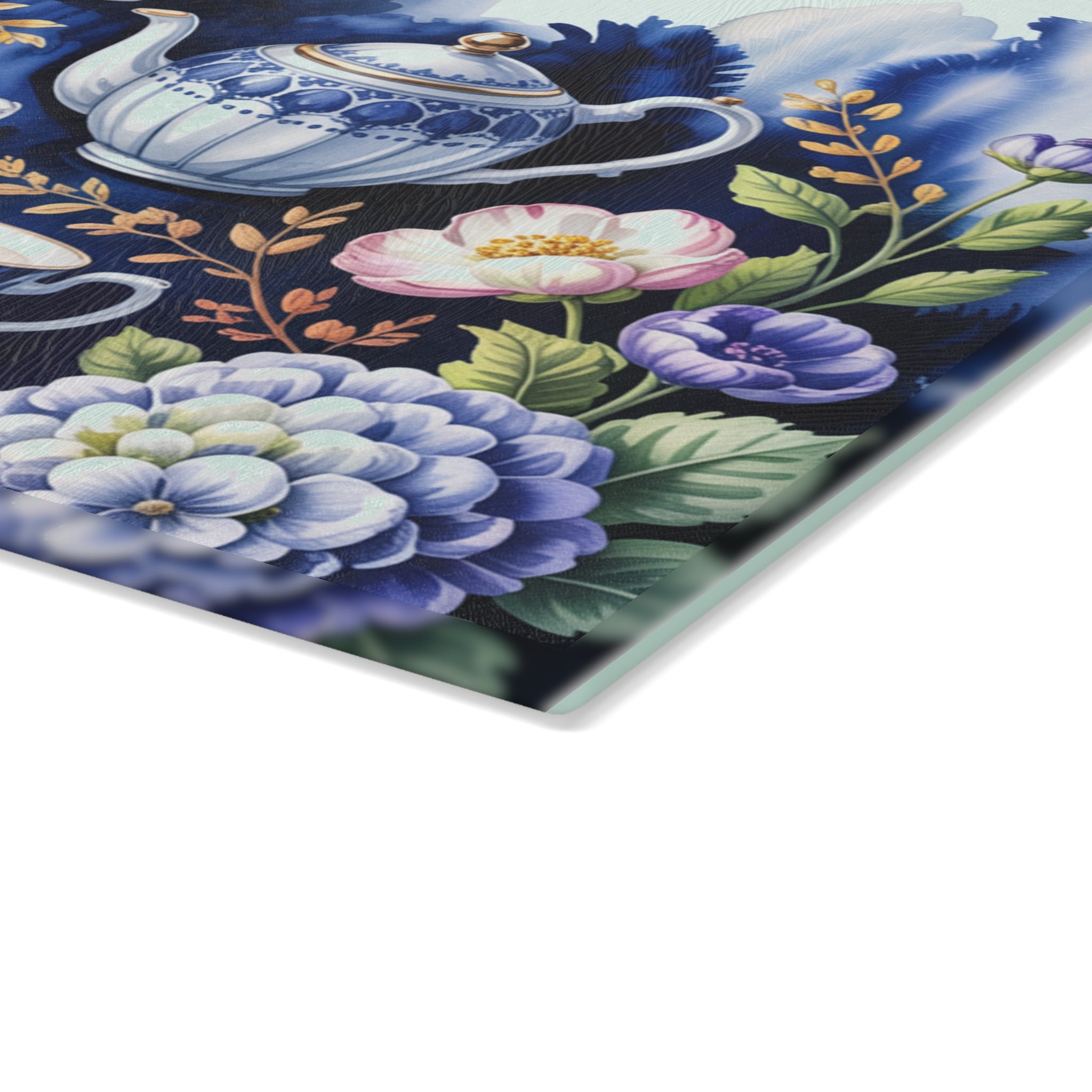 Blue Teapot and Teacups Glass Cutting Board | Floral Tea Set