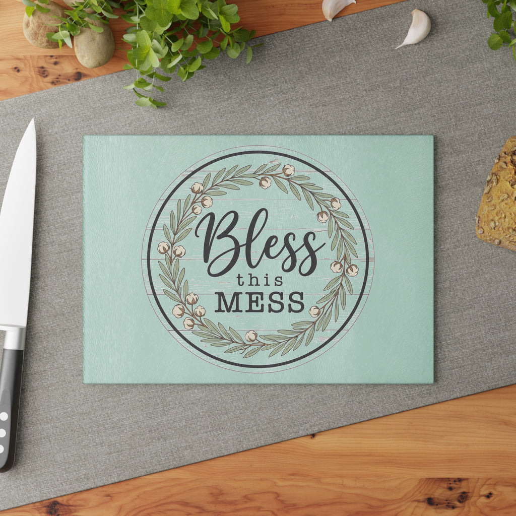Bless This Mess Glass Cutting Board | Floral Wreath Kitchen Decor