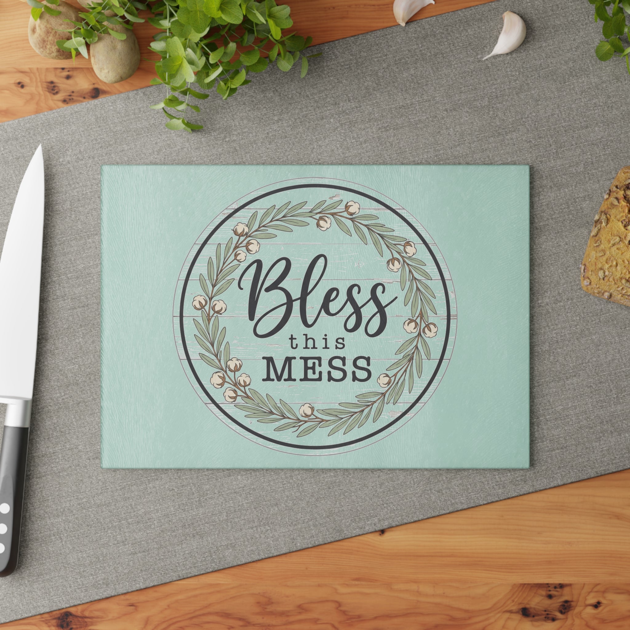 Bless This Mess Glass Cutting Board | Floral Wreath Kitchen Decor