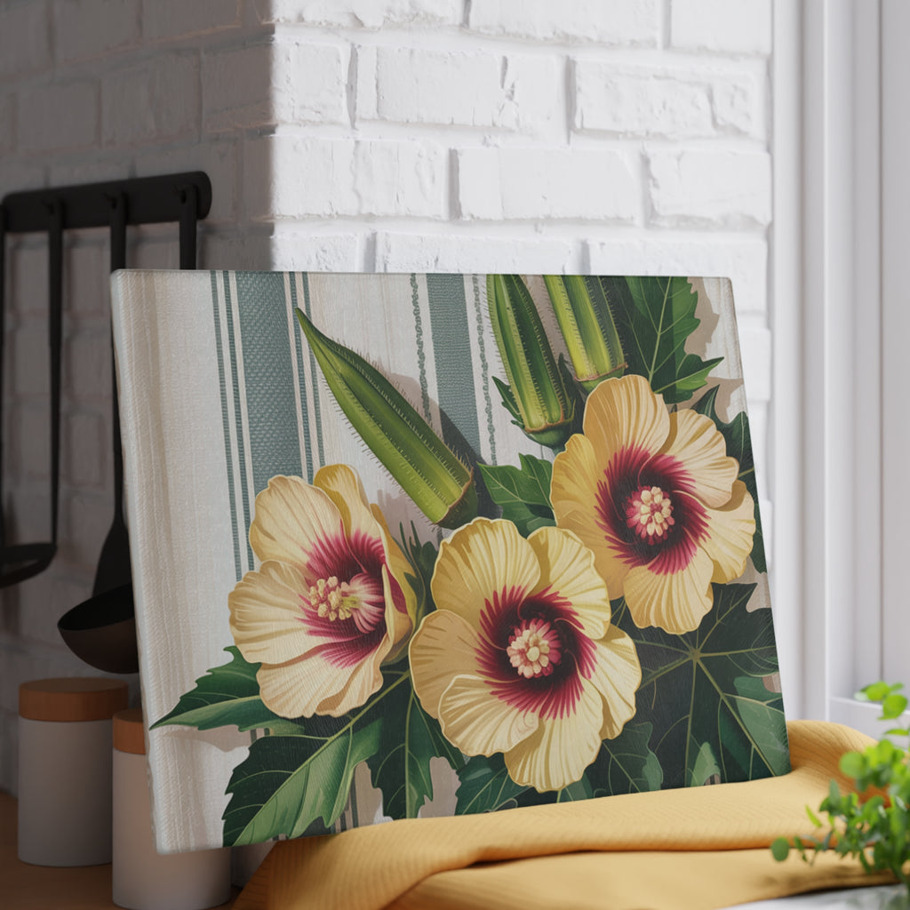 Yellow Hibiscus Floral Glass Cutting Board | Botanical Kitchen Decor