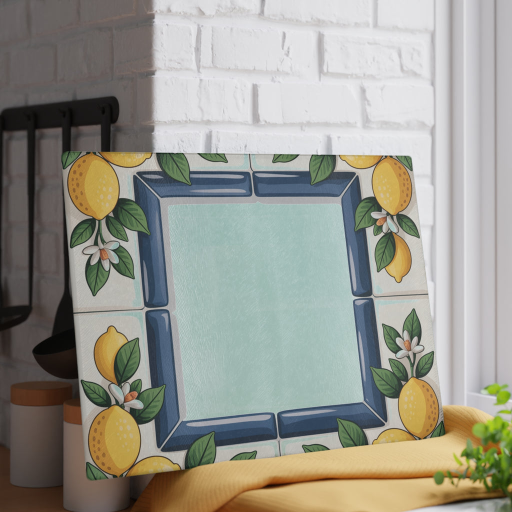 Lemon Tile Border Glass Cutting Board | Citrus Kitchen Decor