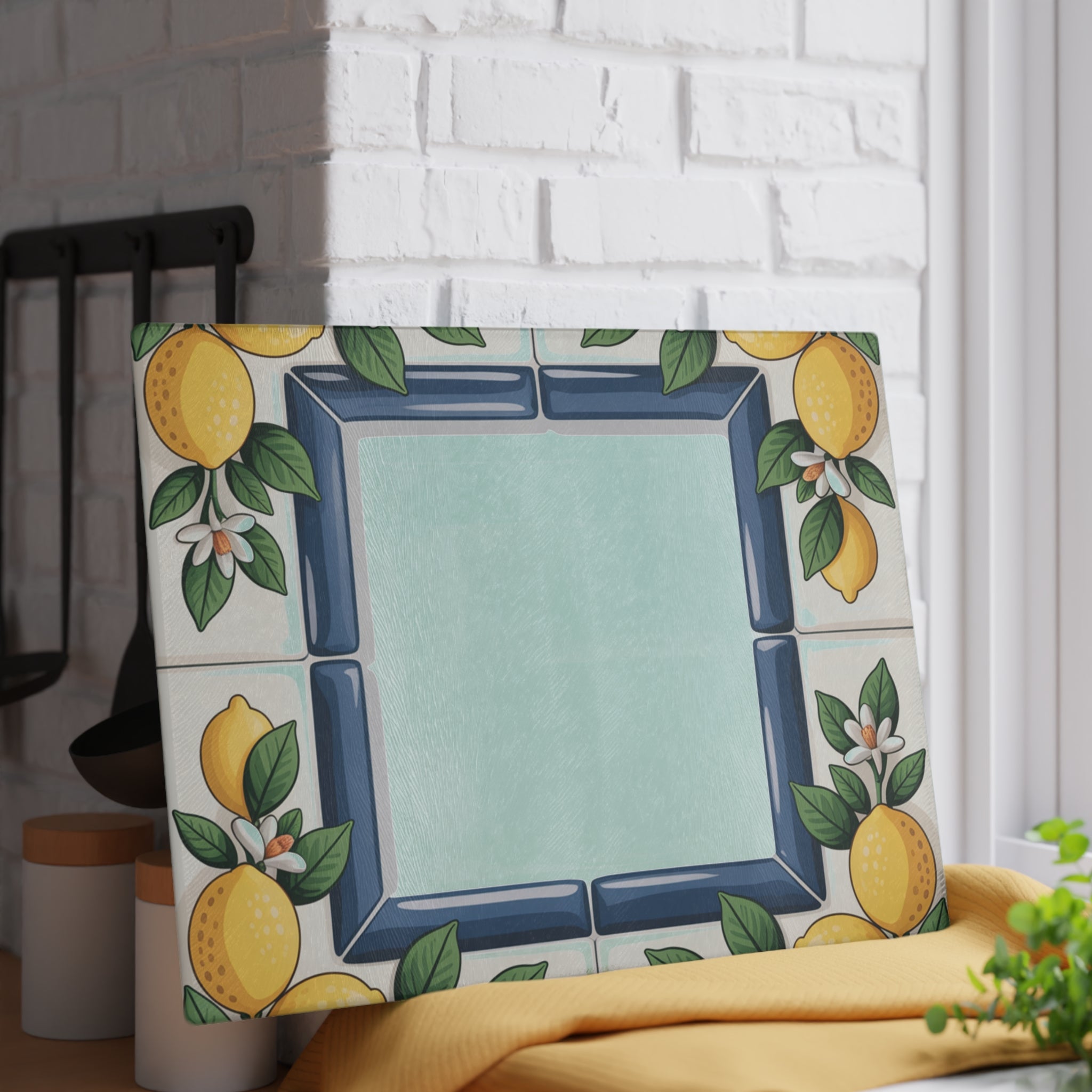 Lemon Tile Border Glass Cutting Board | Citrus Kitchen Decor