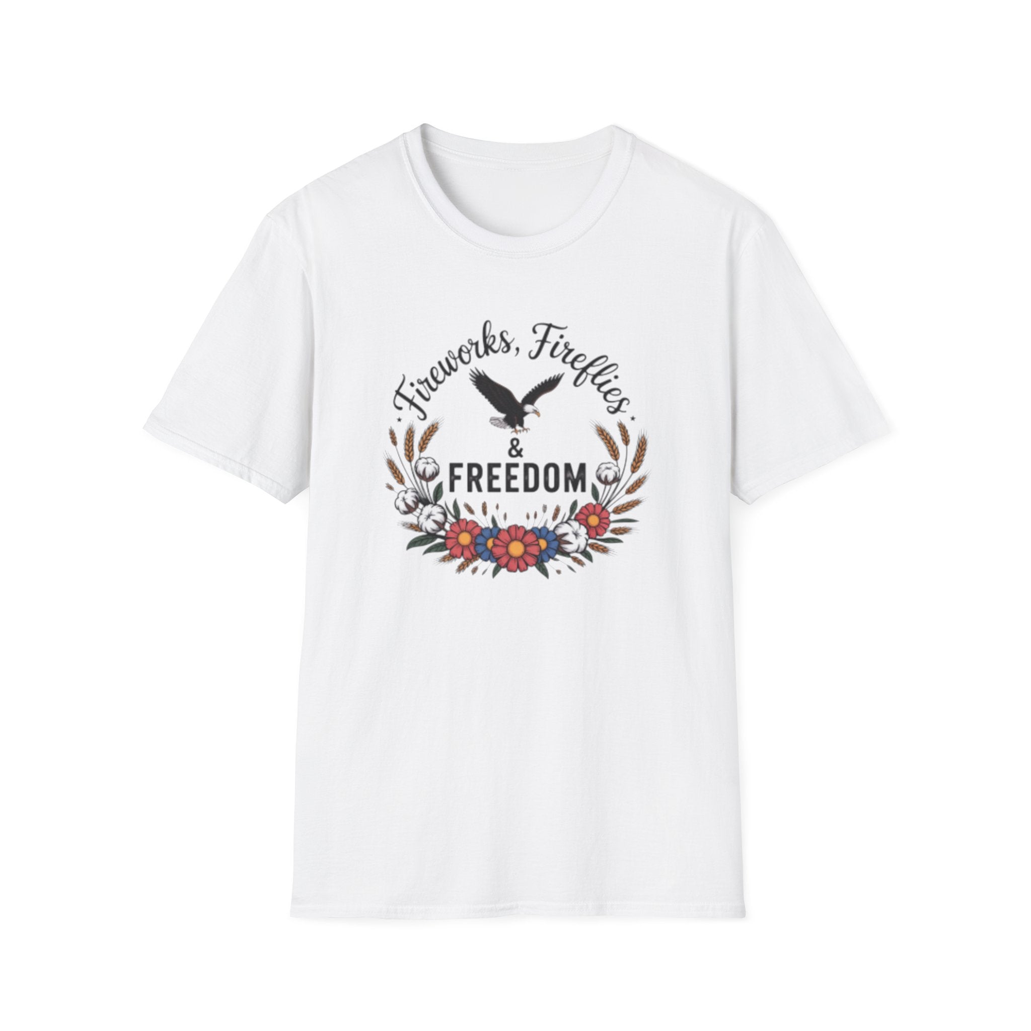 Fireworks Fireflies Freedom T-Shirt | Eagle Floral Wreath