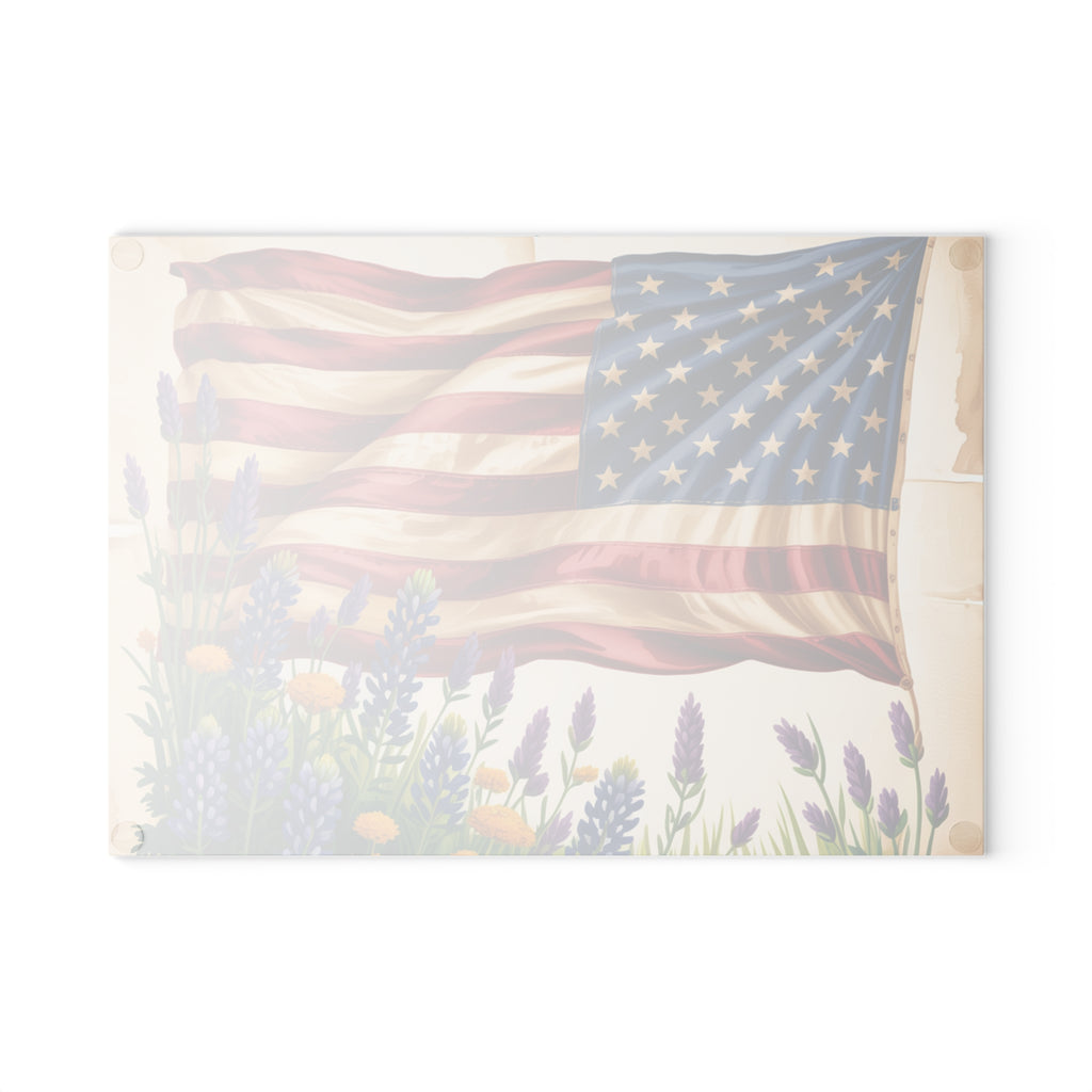 American Flag with Wildflowers Glass Cutting Board | Patriotic Kitchen
