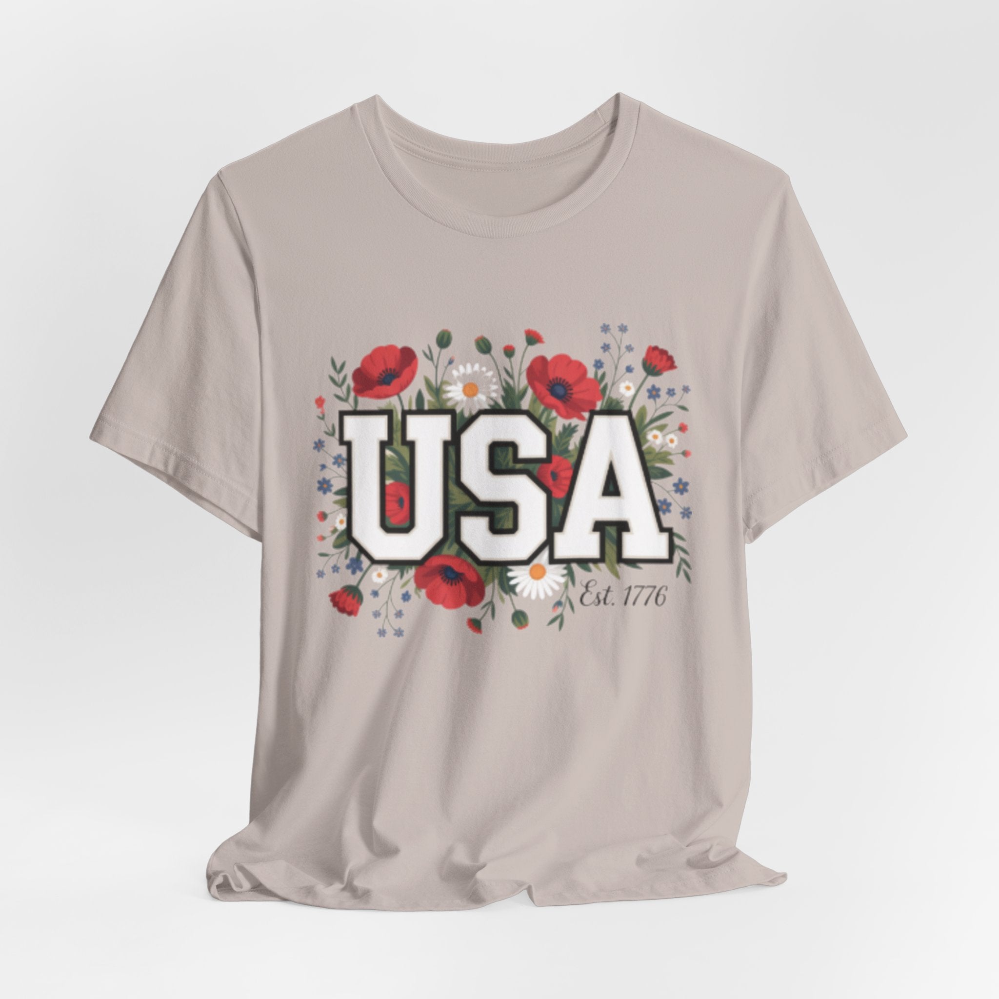 USA Floral Fourth of July Graphic Tee | Patriotic Poppy Design