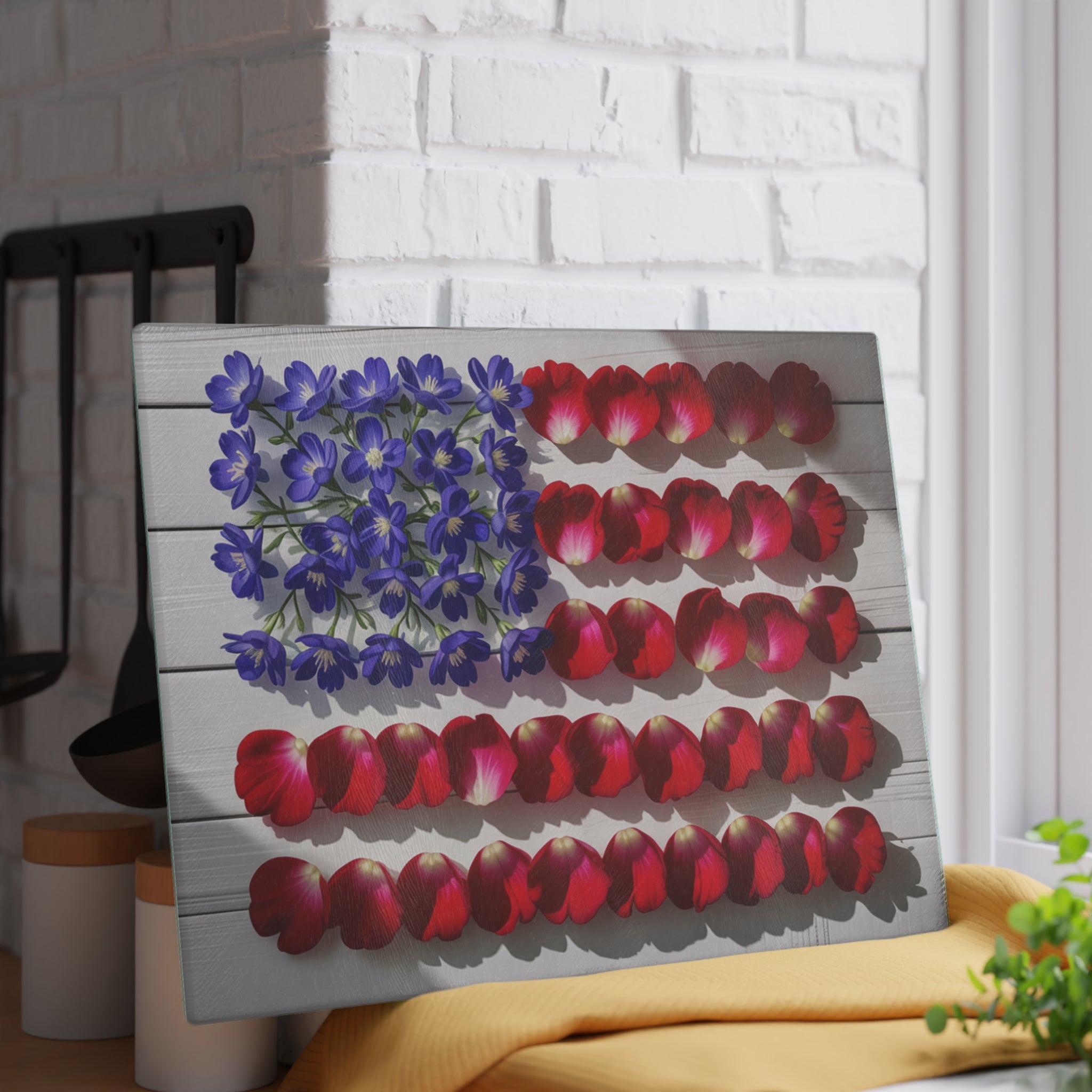 Floral American Flag Glass Cutting Board | Patriotic Kitchen Decor