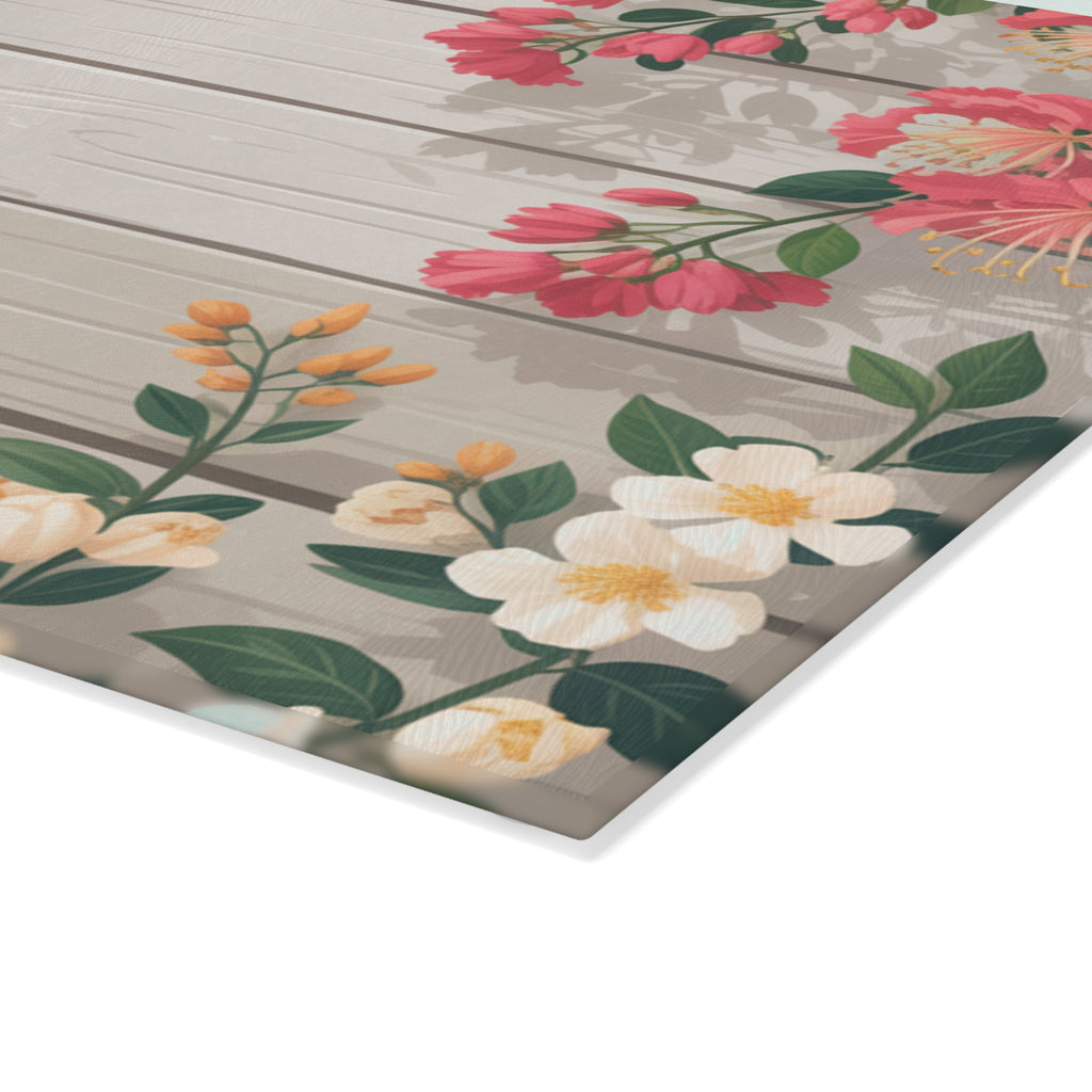 Pink Floral Wood Plank Glass Cutting Board | Floral Kitchen Decor
