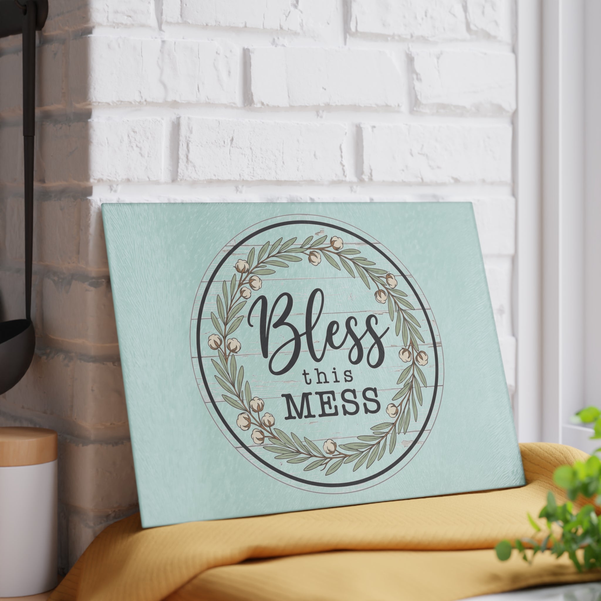 Bless This Mess Glass Cutting Board | Floral Wreath Kitchen Decor
