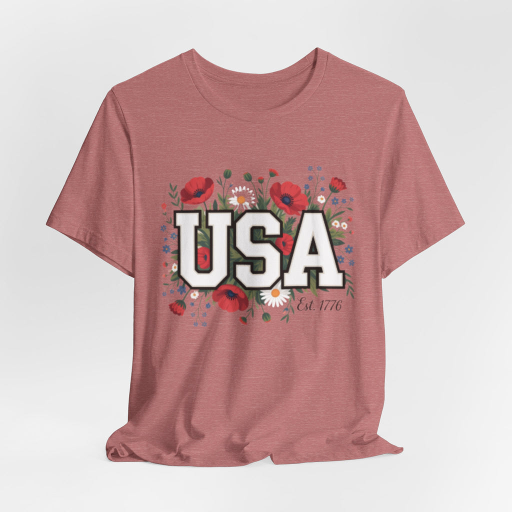 USA Floral Fourth of July Graphic Tee | Patriotic Poppy Design