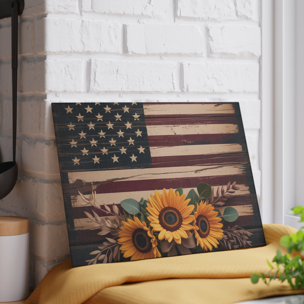Sunflower American Flag Glass Cutting Board | Rustic Patriotic Kitchen