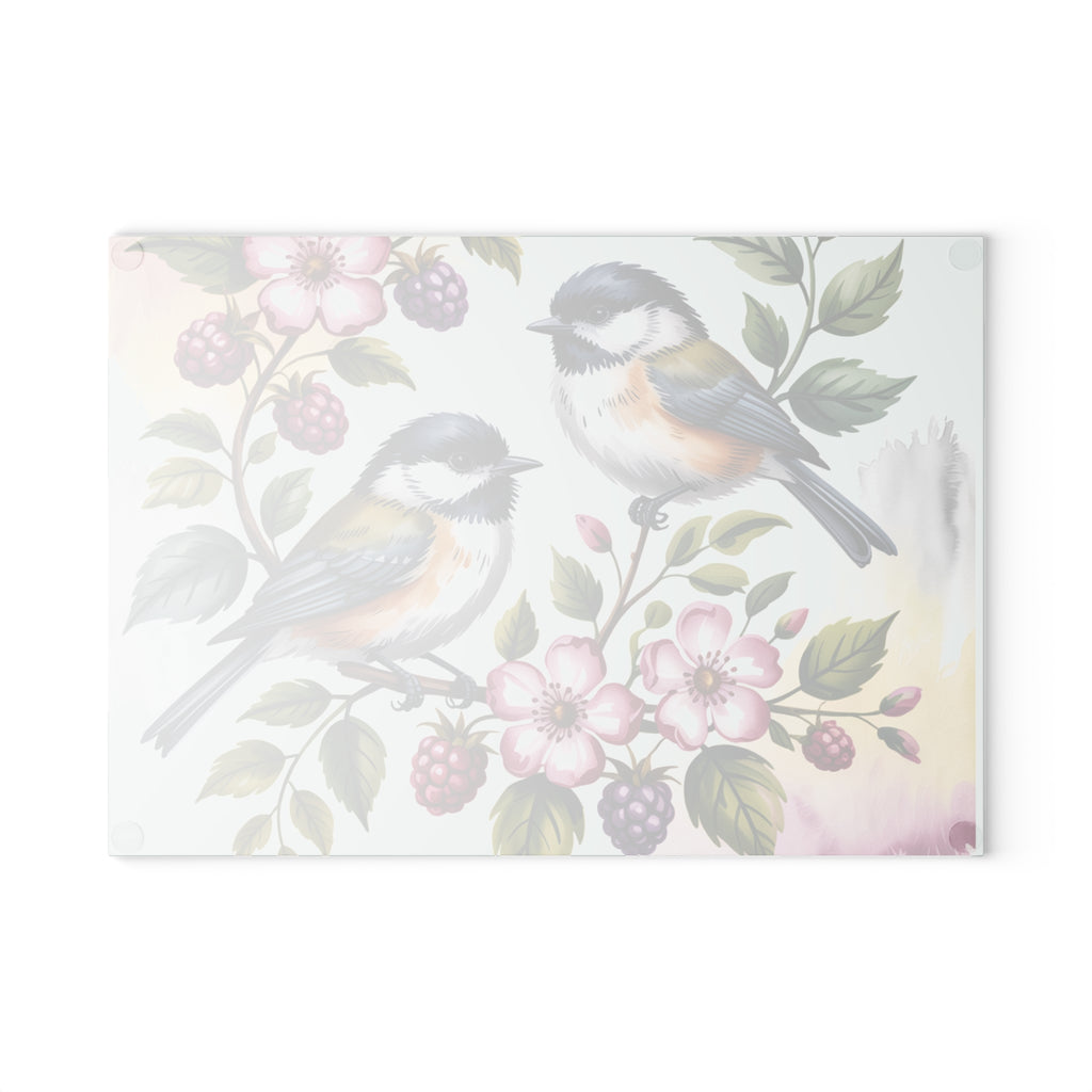 Songbird Illustration Glass Cutting Board | Birds & Berries