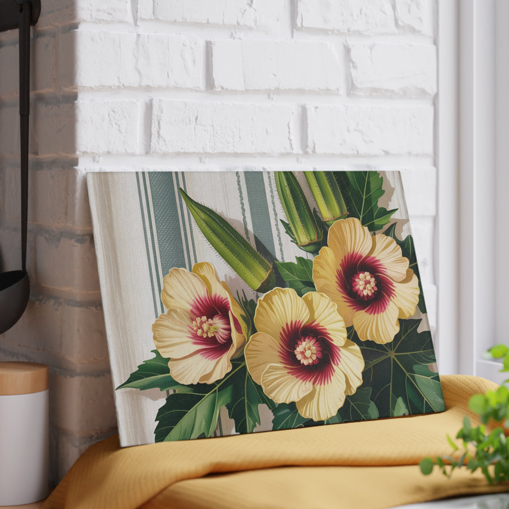 Yellow Hibiscus Floral Glass Cutting Board | Botanical Kitchen Decor