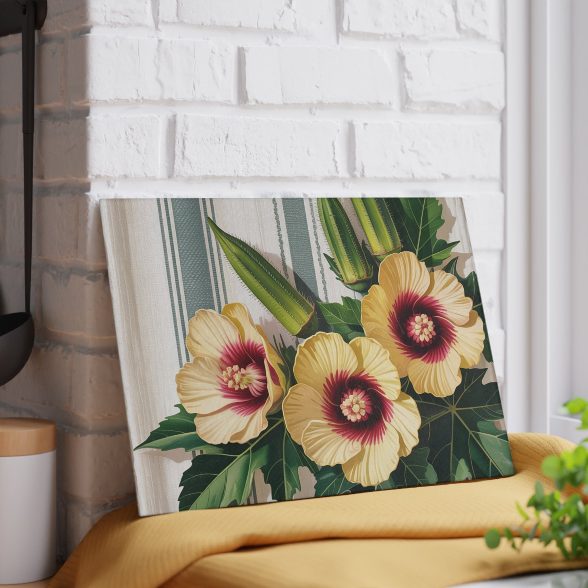 Yellow Hibiscus Floral Glass Cutting Board | Botanical Kitchen Decor