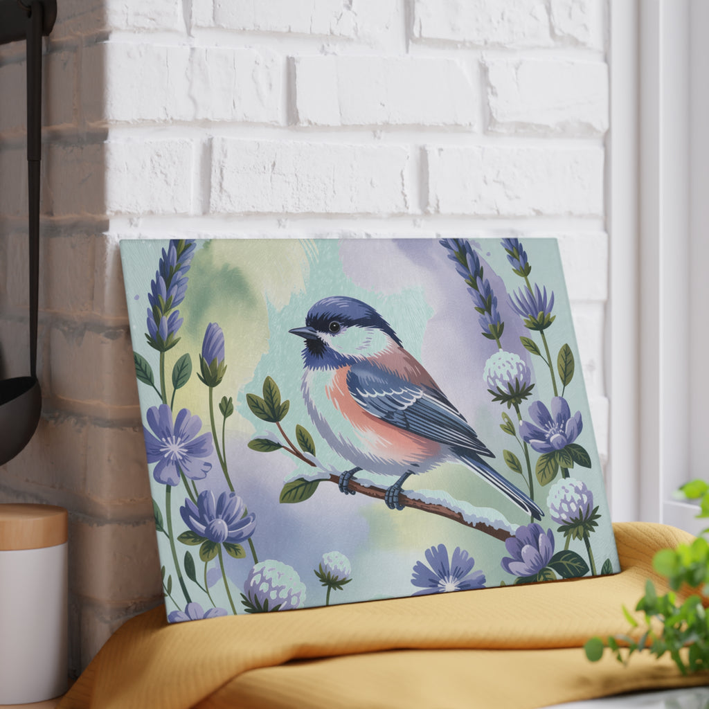 Chickadee Bird Illustration Glass Cutting Board | Floral Lavender Kitchen