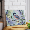 Chickadee Bird Illustration Glass Cutting Board | Floral Lavender Kitchen