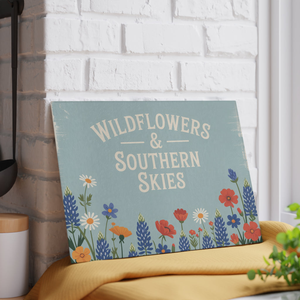 Wildflowers & Southern Skies Glass Cutting Board | Floral Kitchen Decor