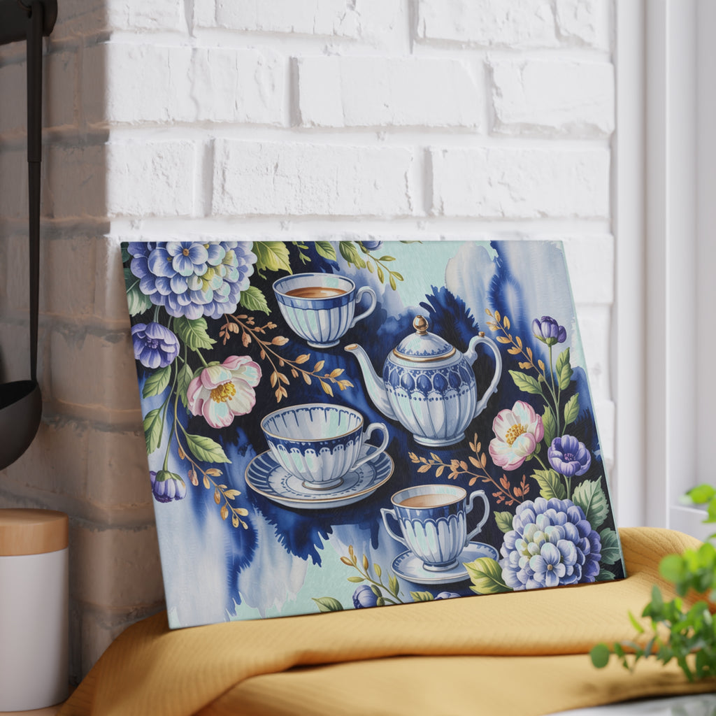 Blue Teapot and Teacups Glass Cutting Board | Floral Tea Set