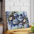 Blue Teapot and Teacups Glass Cutting Board | Floral Tea Set