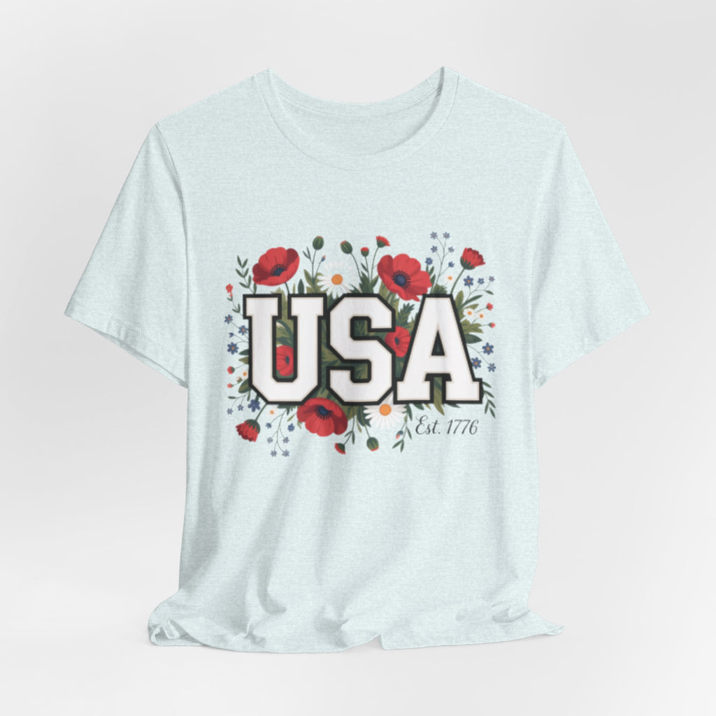 USA Floral Fourth of July Graphic Tee | Patriotic Poppy Design