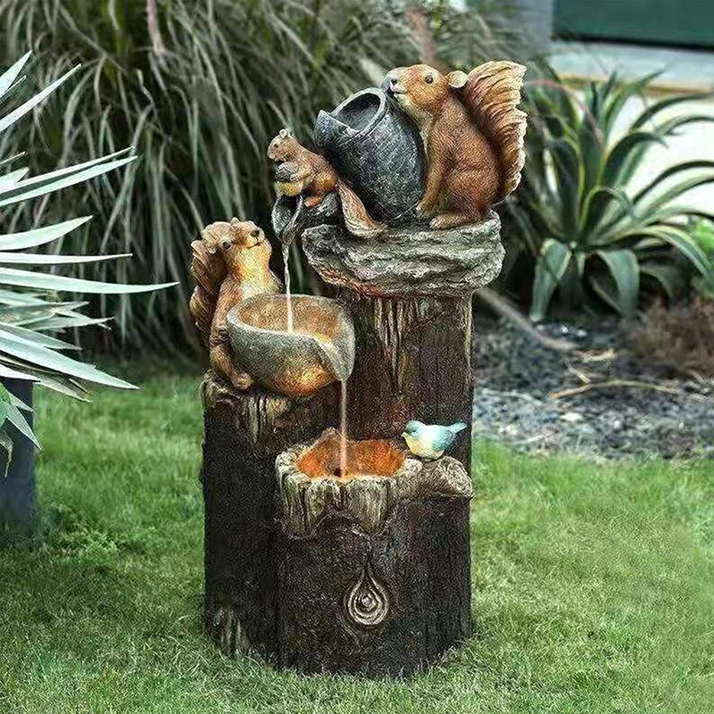 Solar resin duck garden fountain with LED squirrel design, outdoor decor (E2).