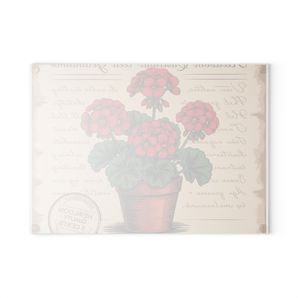 Red Geranium Potted Plant Glass Cutting Board | Vintage Botanical