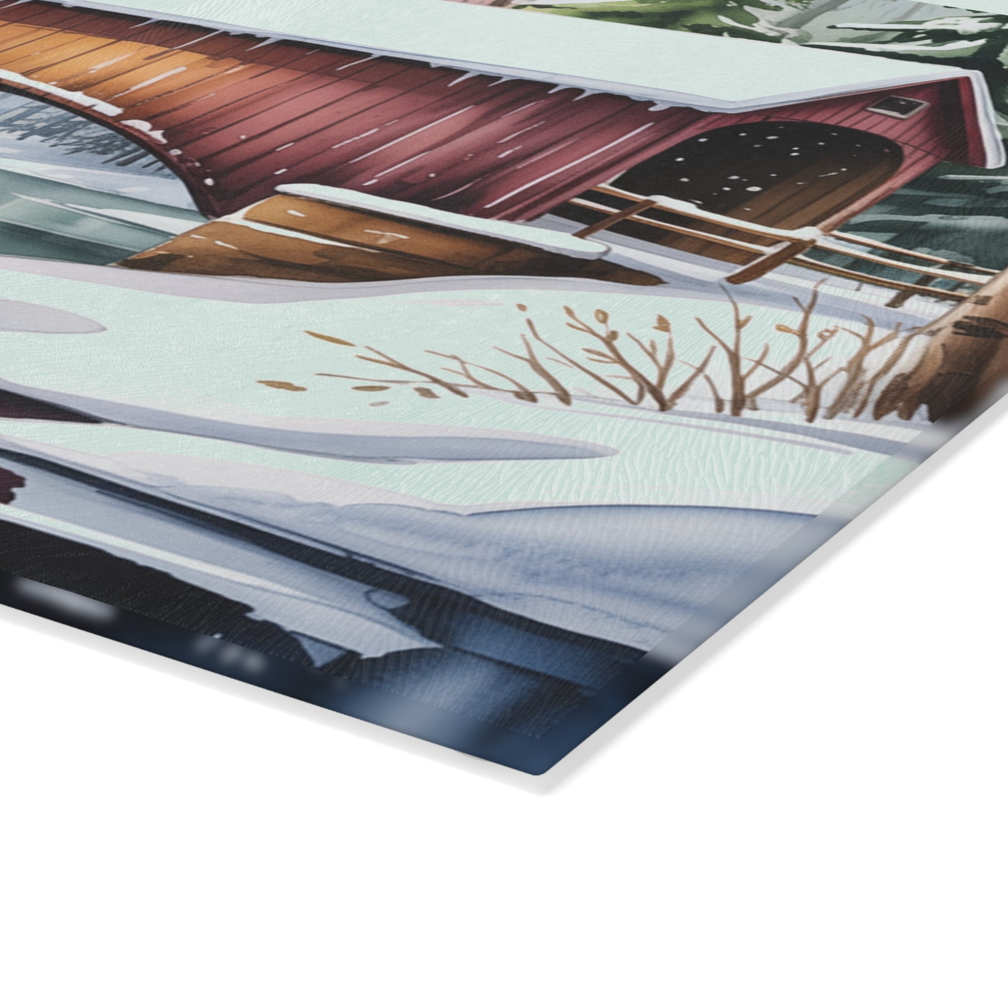 Covered Bridge Winter Scene Glass Cutting Board | Snowy Landscape