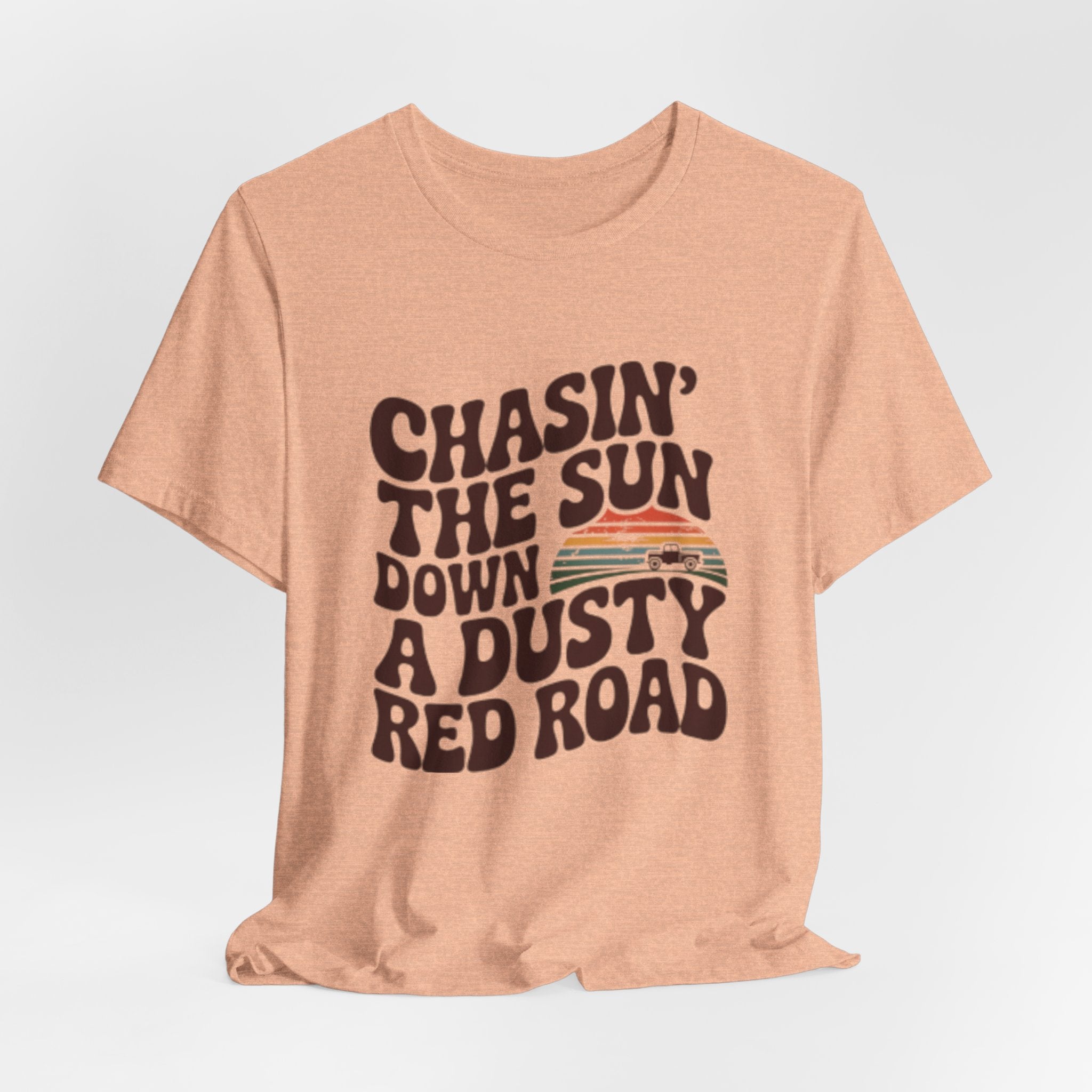 Retro 'Chasin' The Sun' Graphic Tee — Dusty Red Road Vintage Sunset T-Shirt