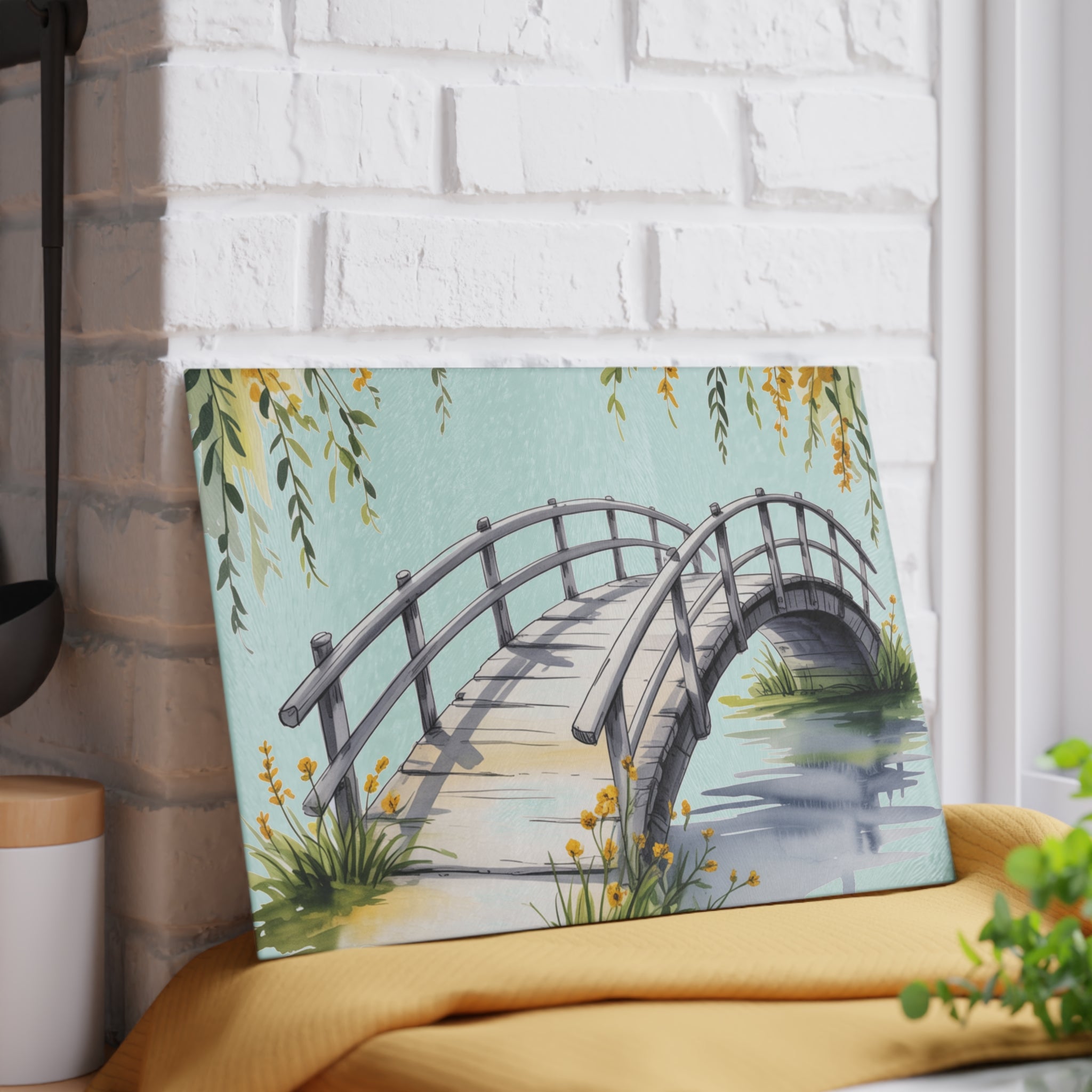 Watercolor Arched Bridge Glass Cutting Board | Scenic Kitchen Decor
