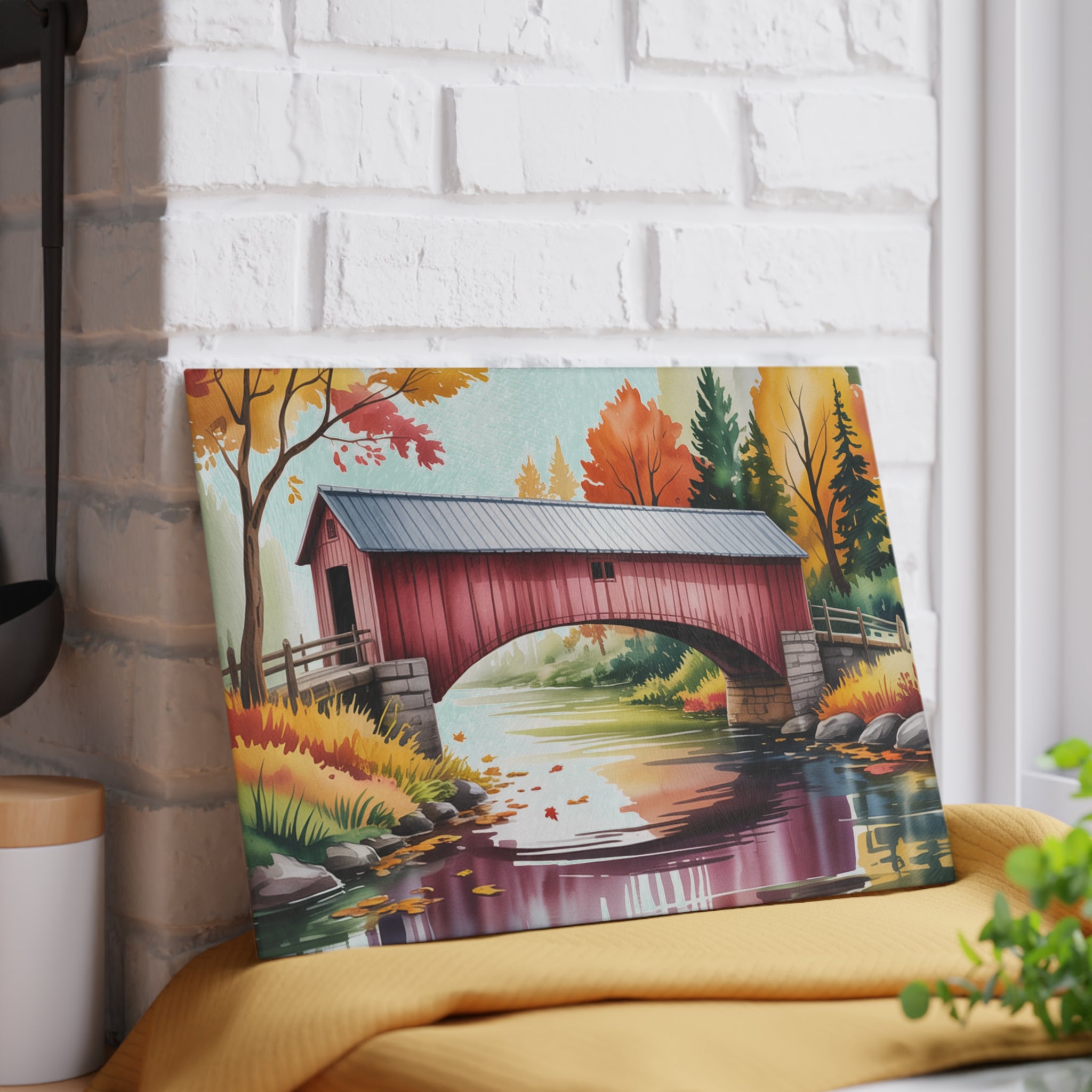 Covered Bridge Autumn Scene Glass Cutting Board | Fall Landscape