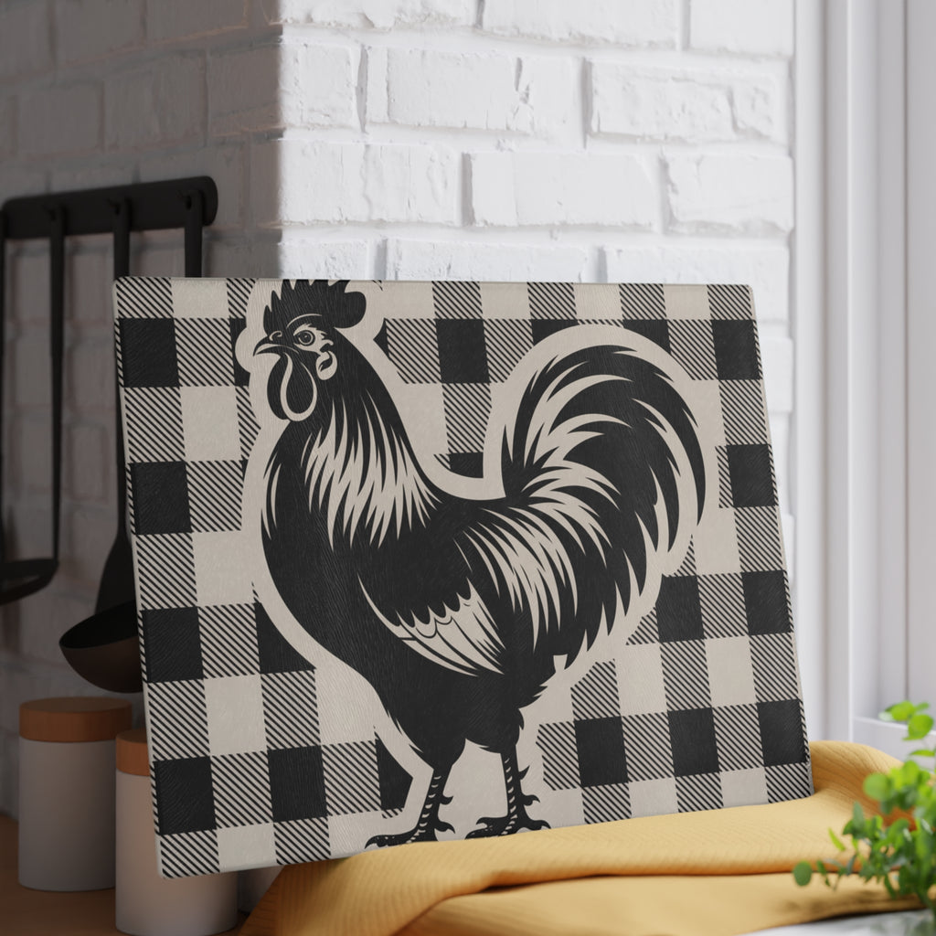 Rooster Silhouette Glass Cutting Board | Buffalo Check Background