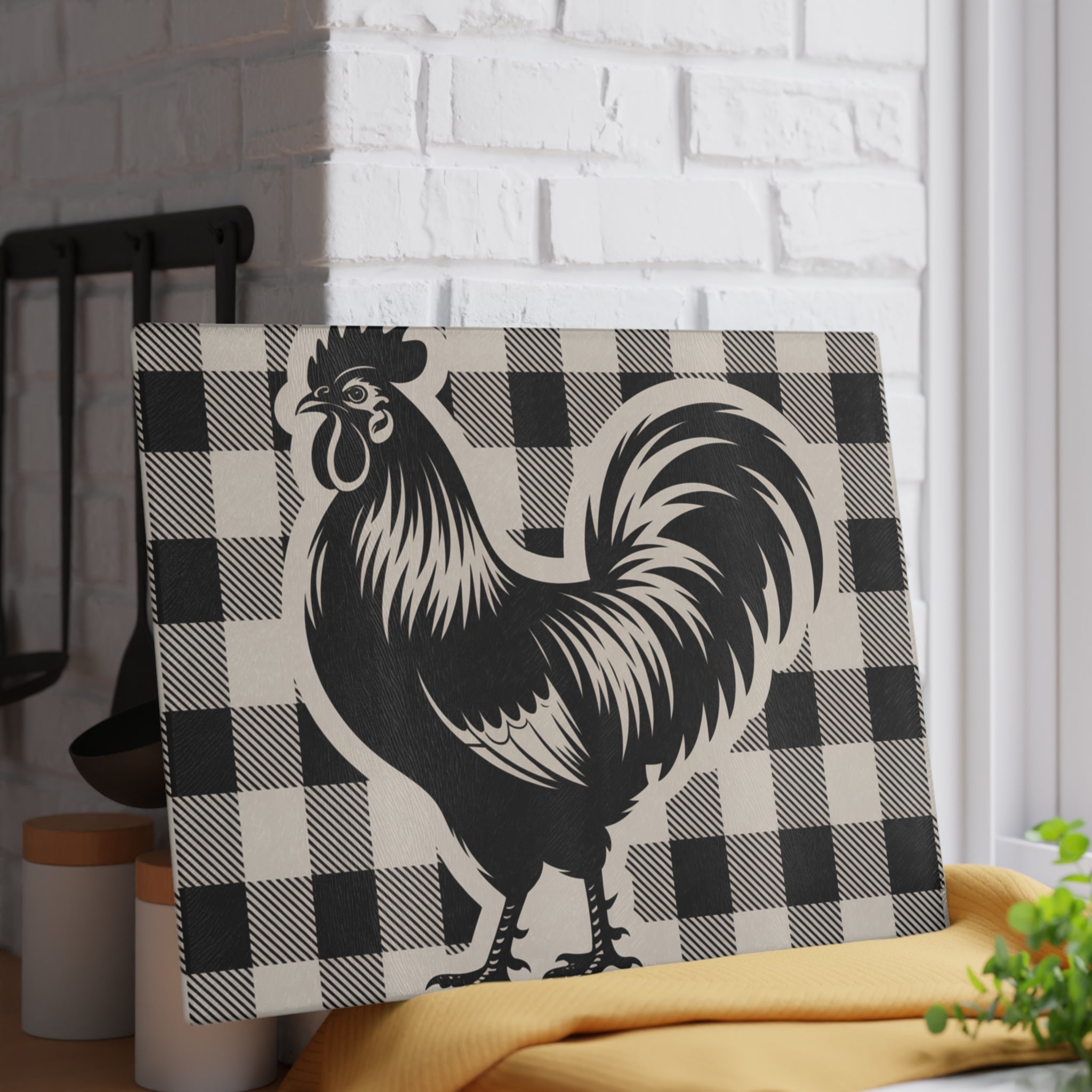 Rooster Silhouette Glass Cutting Board | Buffalo Check Background