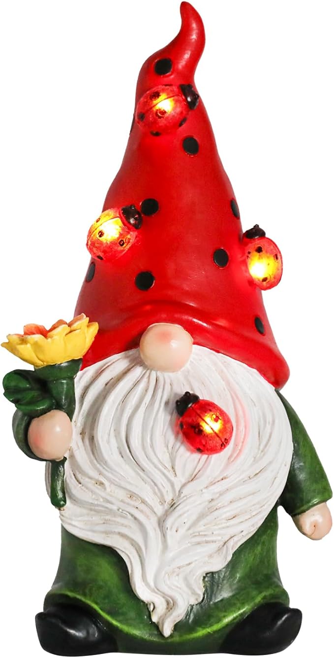 Garden Gnome Statue with Sunflower, Ladybug & Solar Lights
