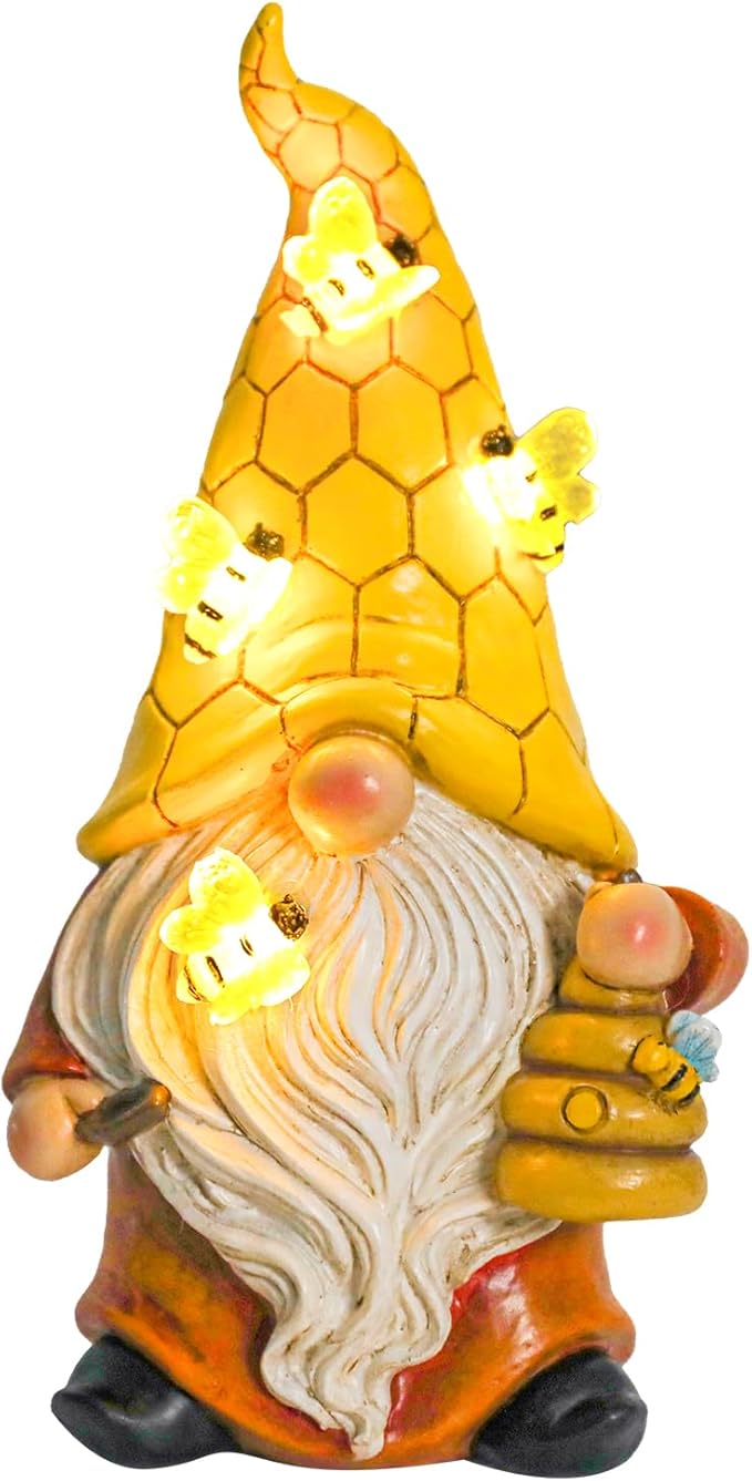 Garden Gnome Statue with Bee Solar Light