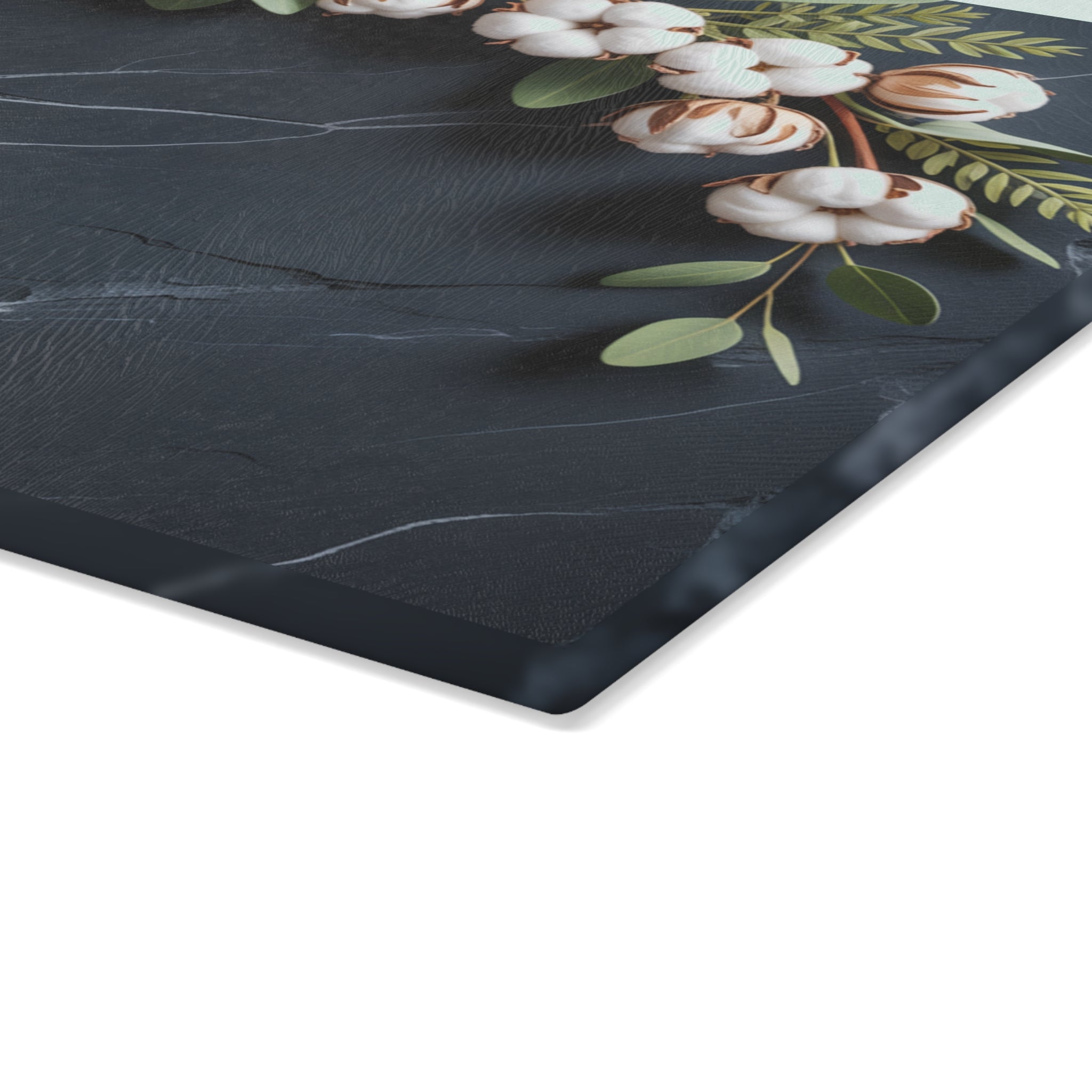 Cotton Stem Wreath Glass Cutting Board | Floral Kitchen Decor