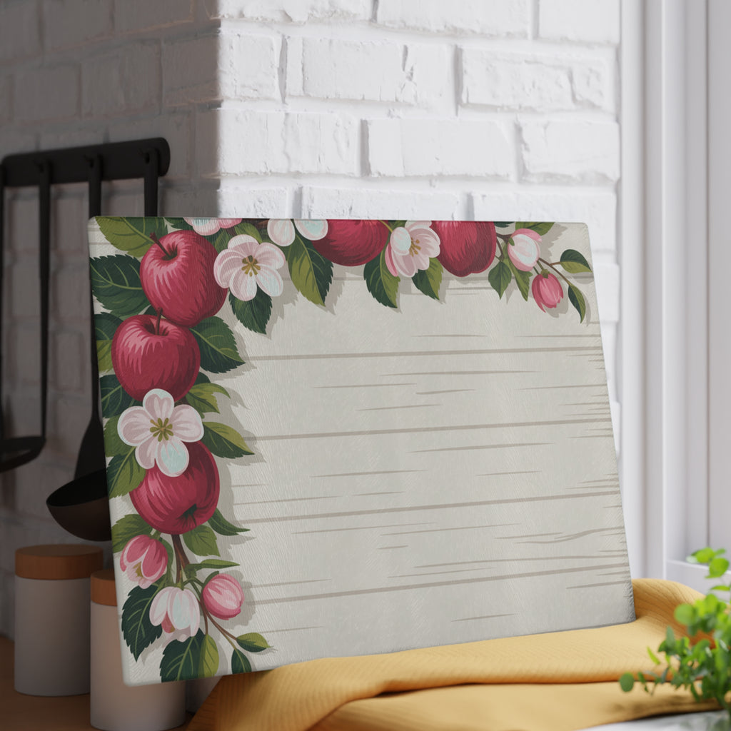 Apple Blossom Border Glass Cutting Board | Floral Kitchen Decor