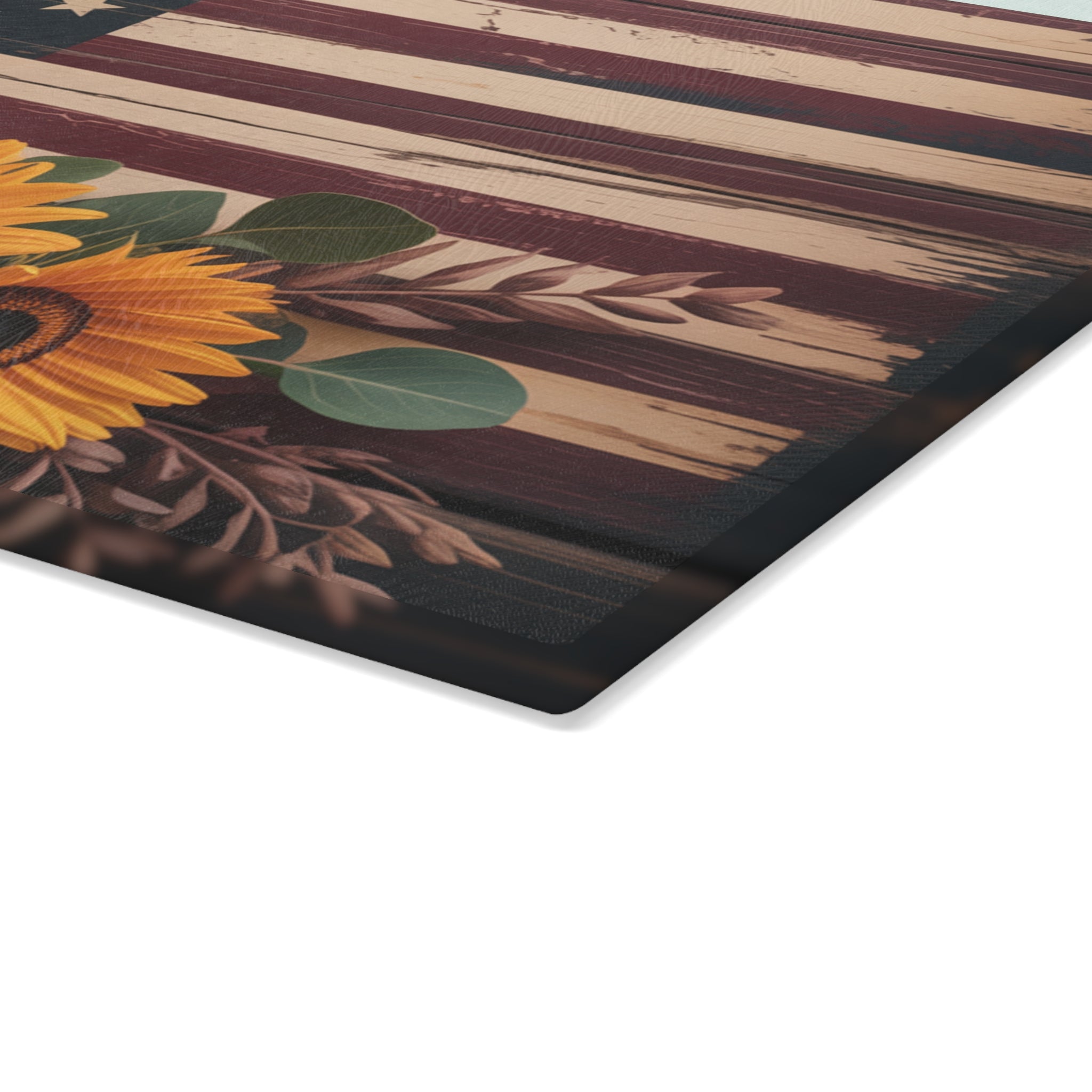 Sunflower American Flag Glass Cutting Board | Rustic Patriotic Kitchen